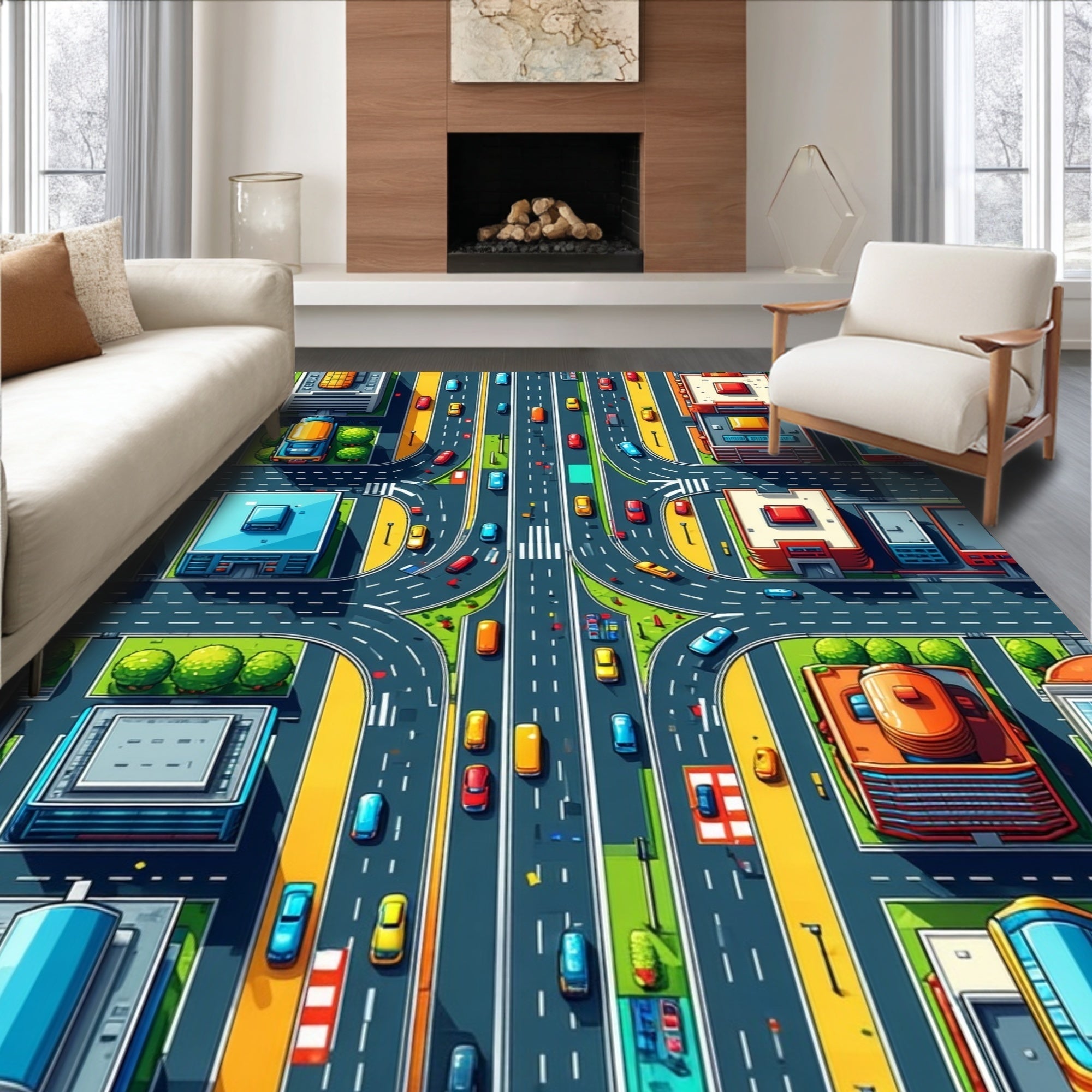 Ultra Soft Area Rug, Non Slip, Stain Resistant, Washable Area Rugs for Living Room, Bedroom, Multicolor Road Playmat for Children's Learning Space(Red)