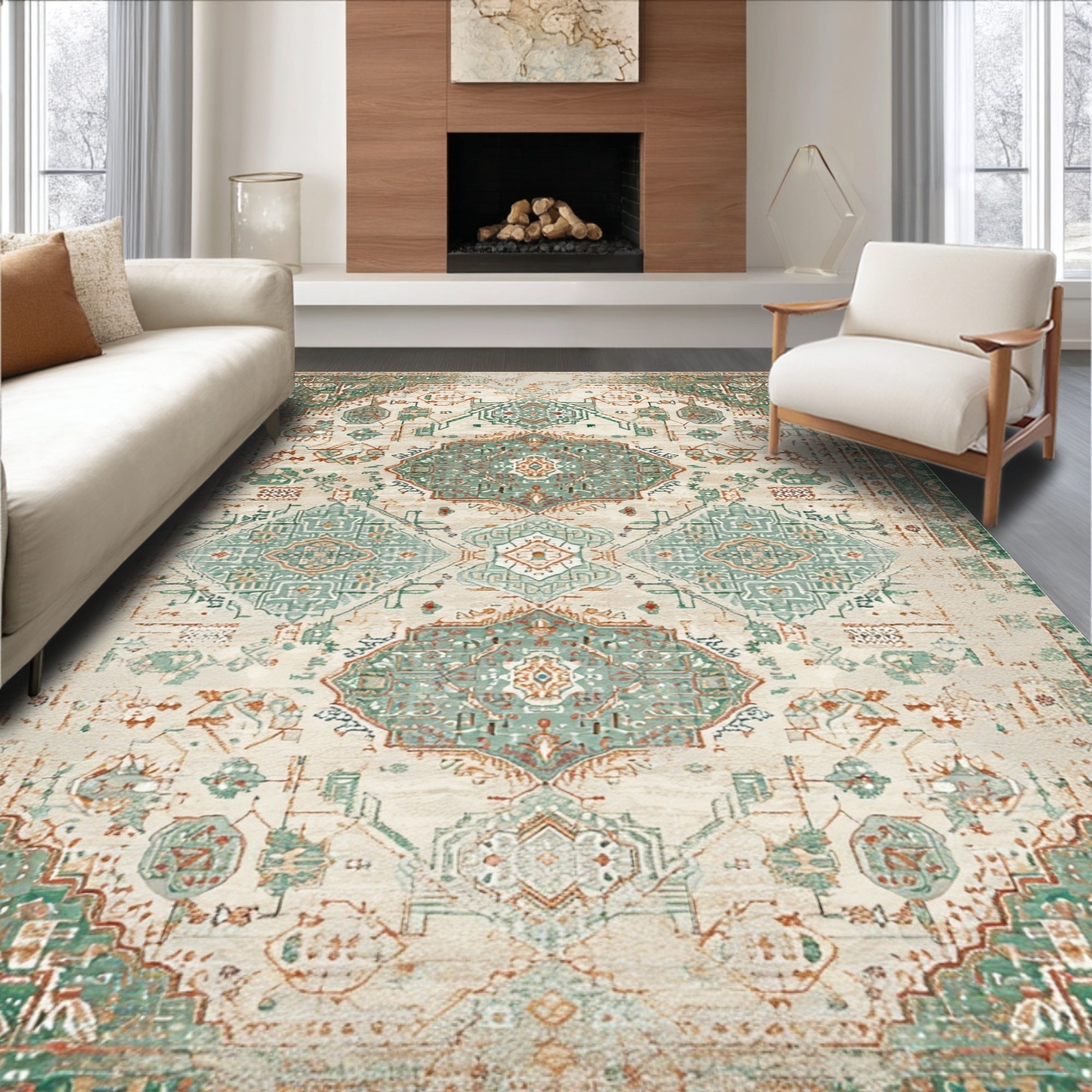 Ultra Soft Area Rug, Non Slip, Stain Resistant, Washable Area Rugs for Living Room, Bedroom, Distressed Oriental Ivory Sage Living Room Rug(Beige)