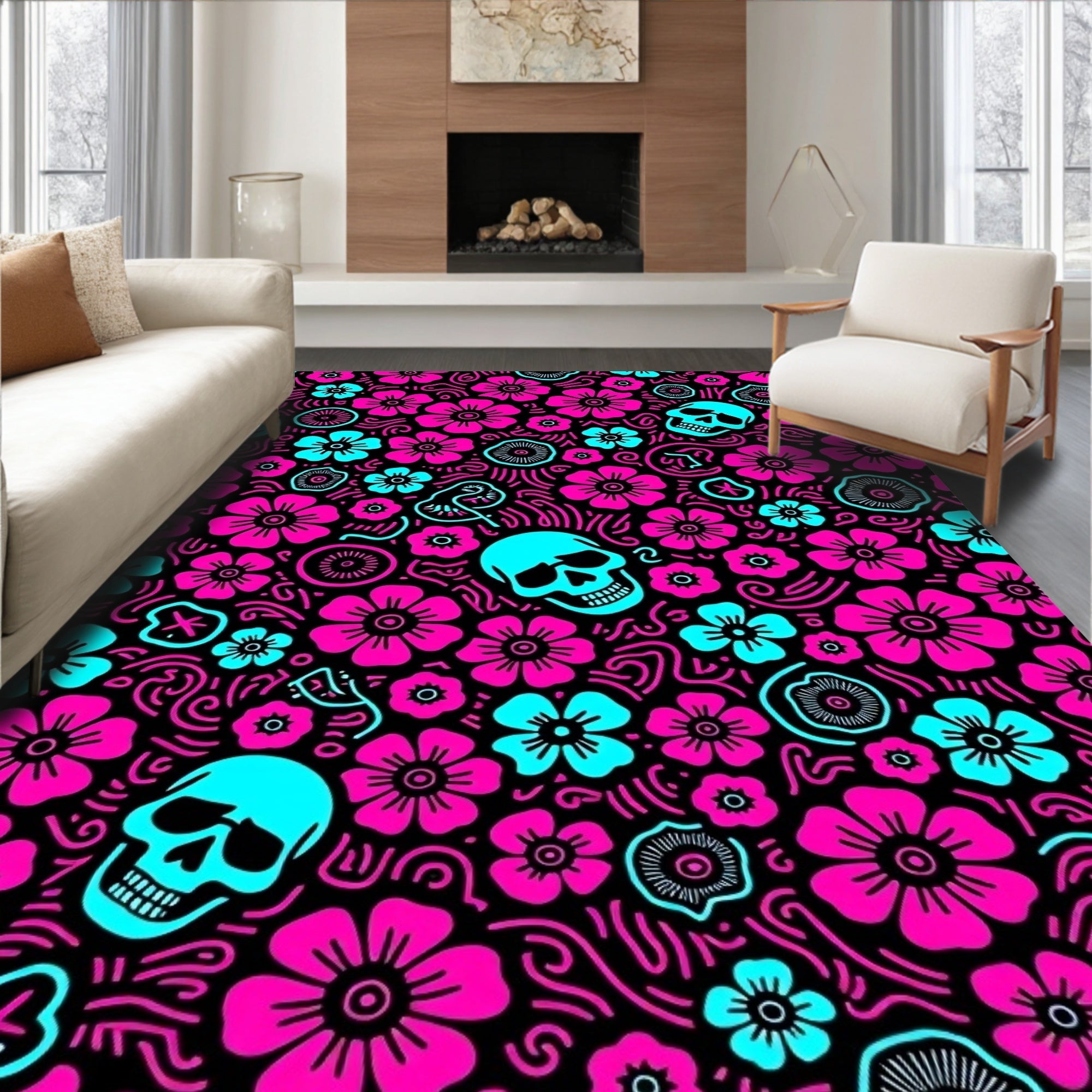Abstract Skull Mosaic with Gothic Floral Motifs (Pink) - ODIKA