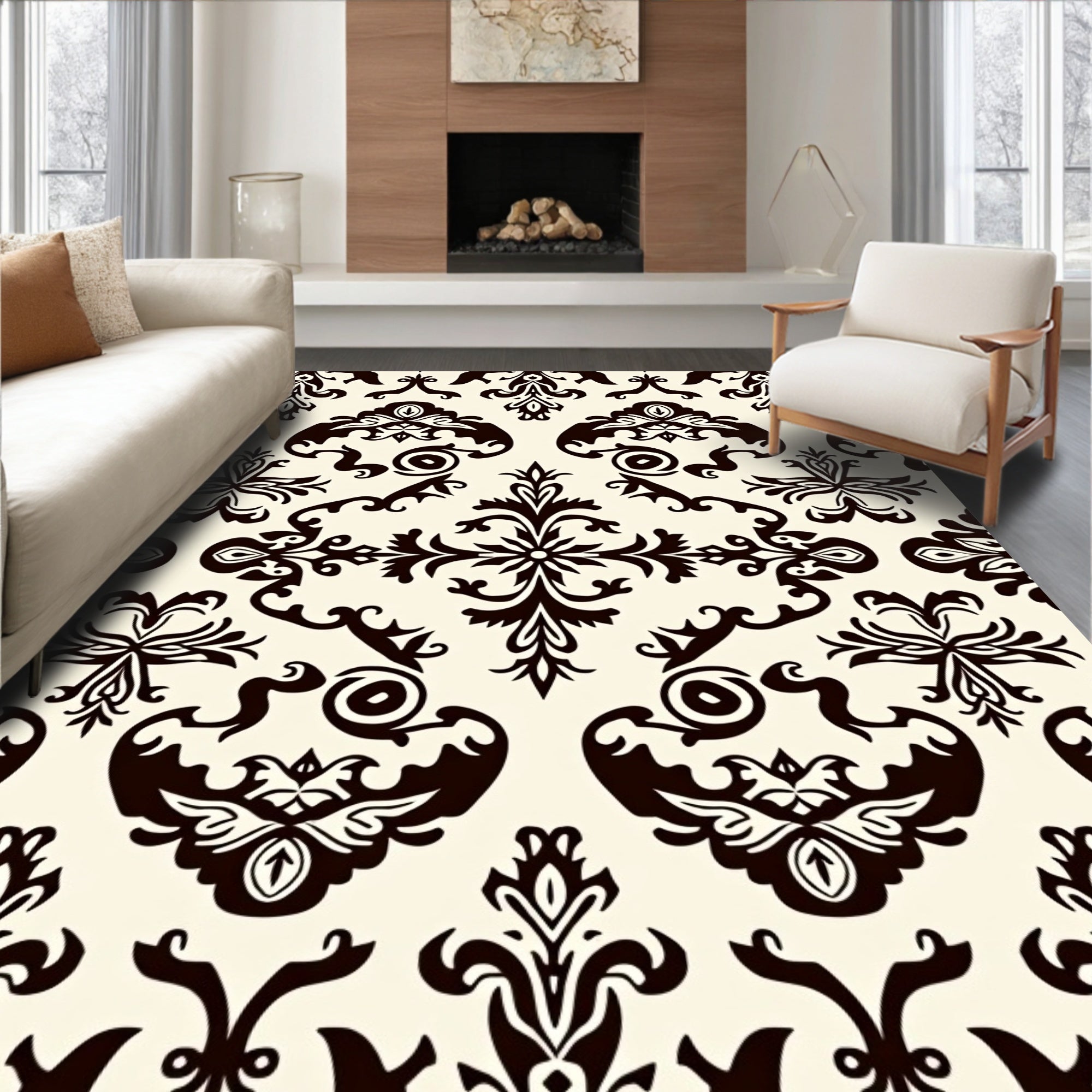 Vintage Damask Scroll Non Slip with Ornate Flourishes (Beige) - ODIKA