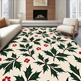 Merry Holly Berry Botanical Christmas Floor Covering with Leaf Accents(Ivory)