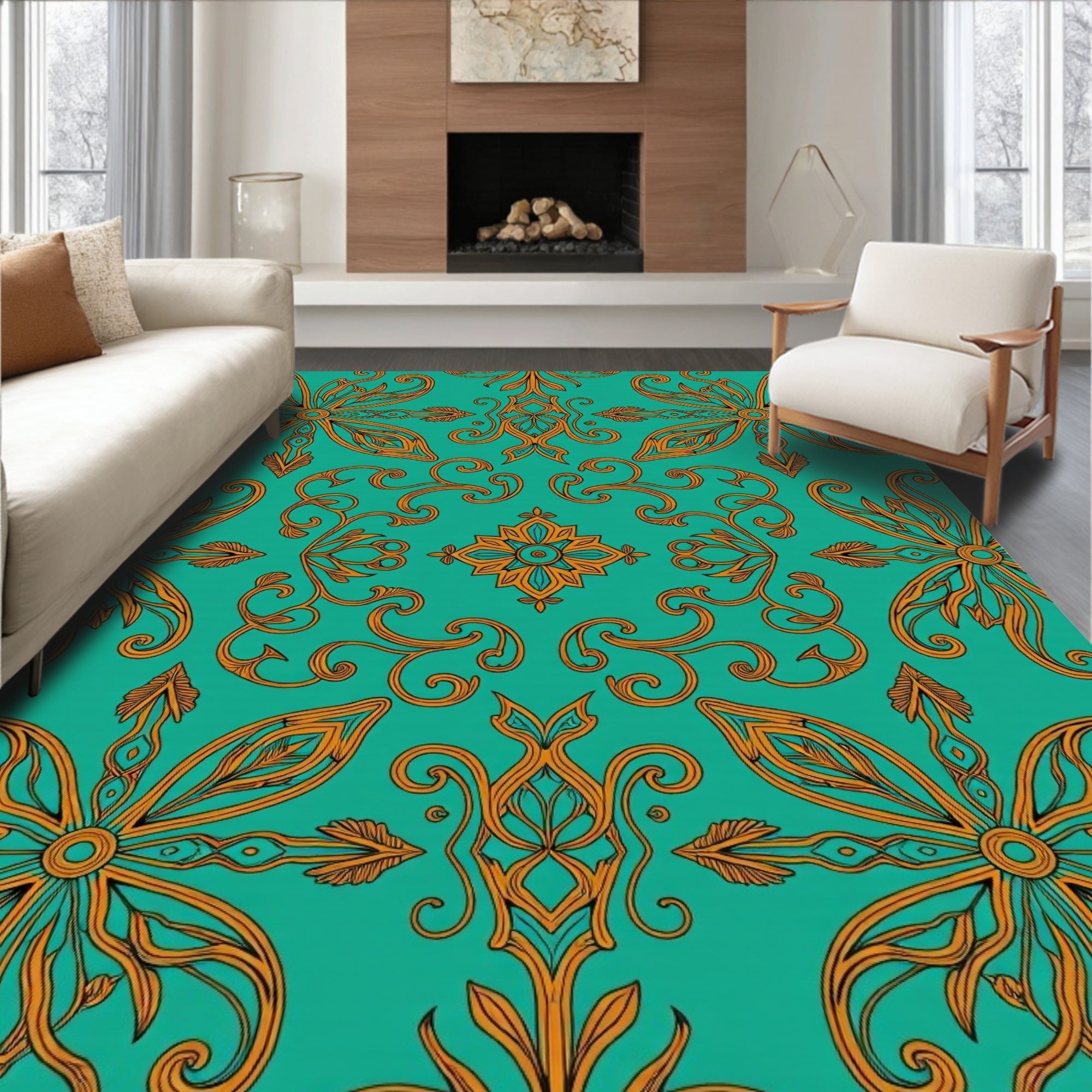 Jade Flooring with Swirling Paisley Flourishes (Blue) - ODIKA