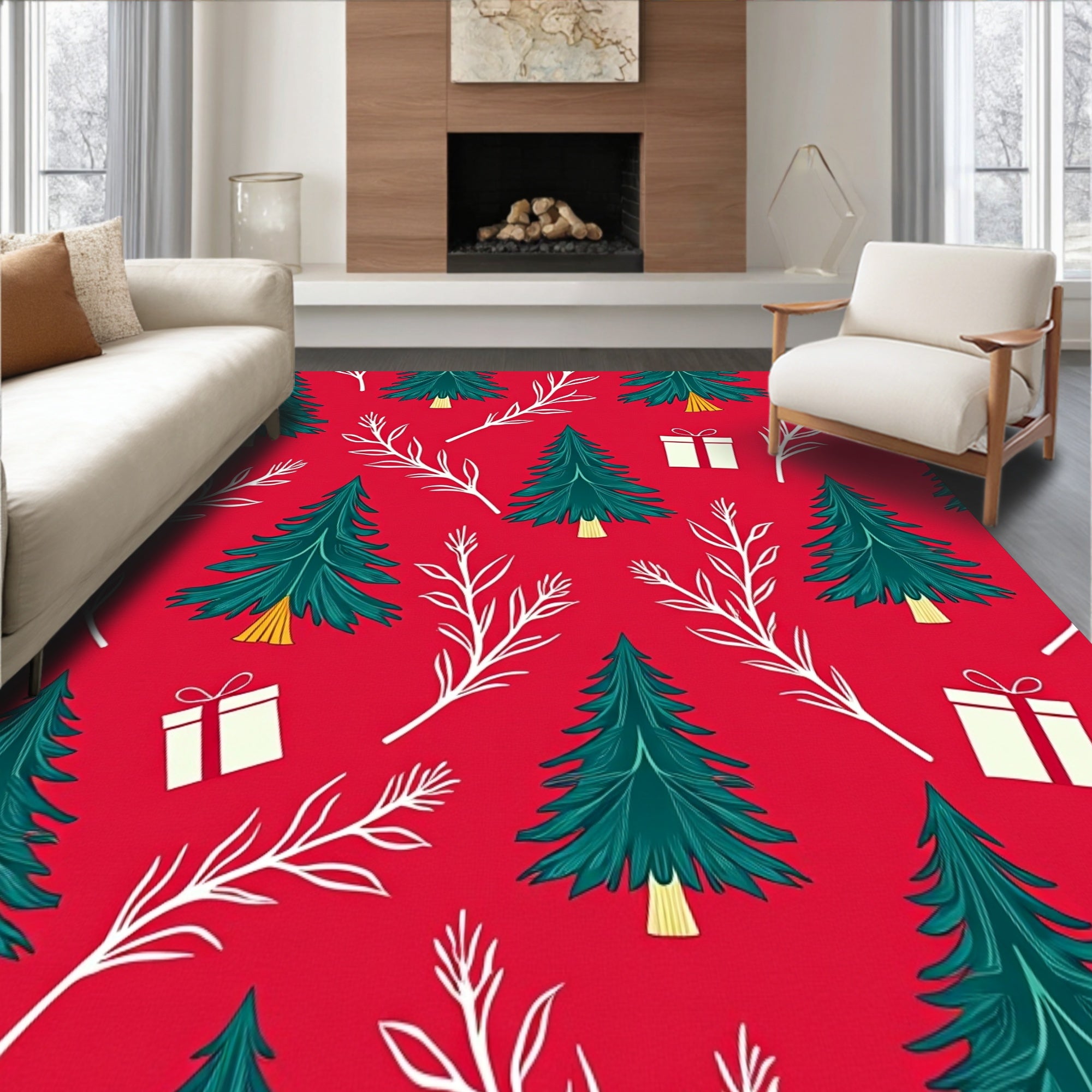 Seasonal Conifer Patterned With Gift Box Accent(Red)
