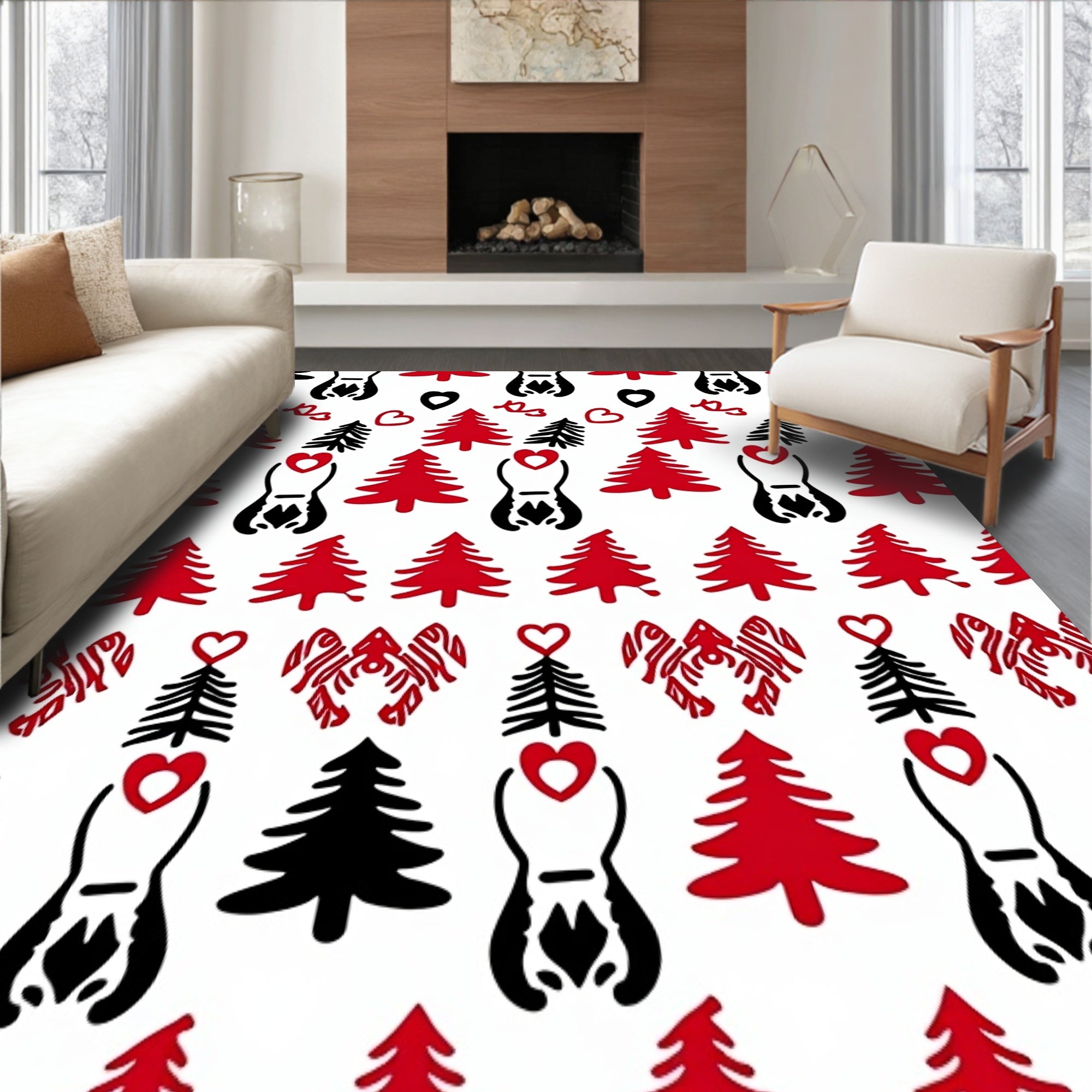 Rustic Cabin Motif with Interlocking Pine Trees and Tiny Embellishments(White)