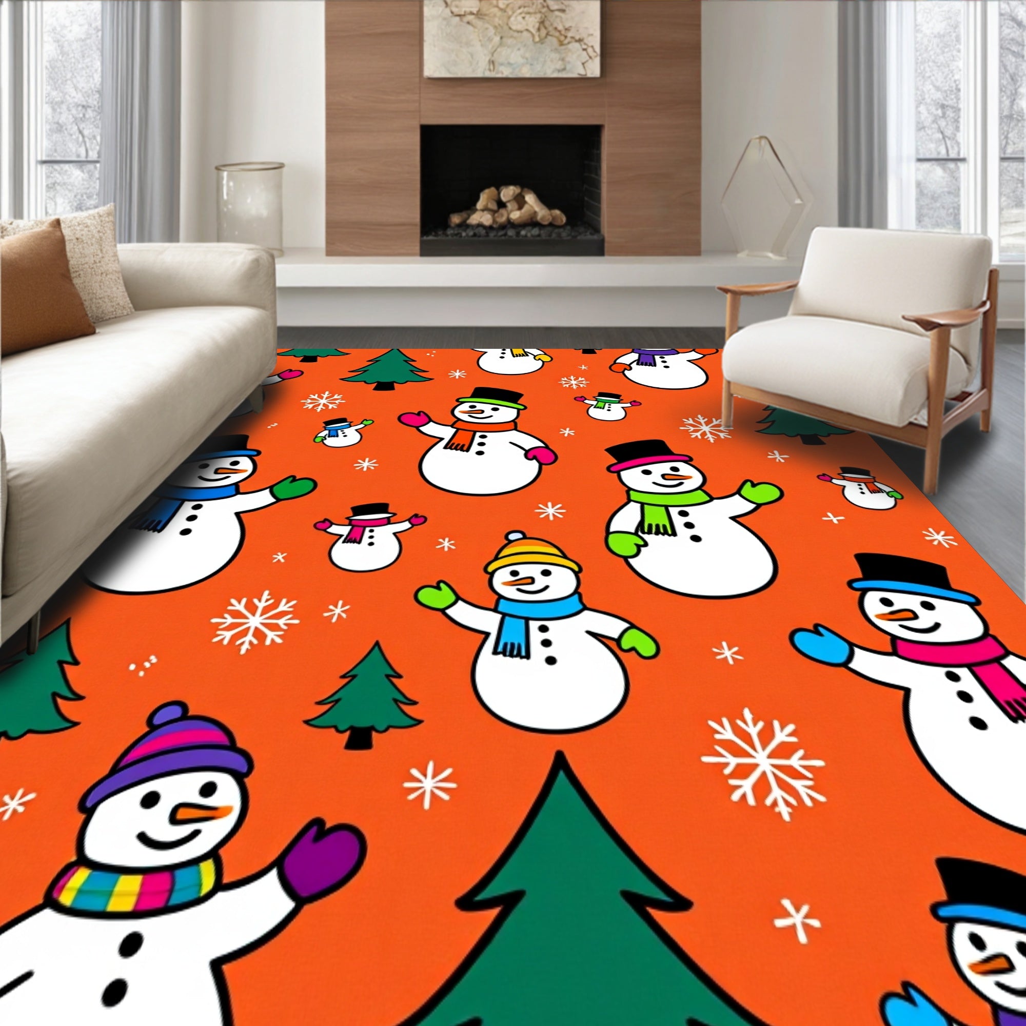 Jolly Snowman Family Scene Holiday with Pine Tree Accents(Orange)