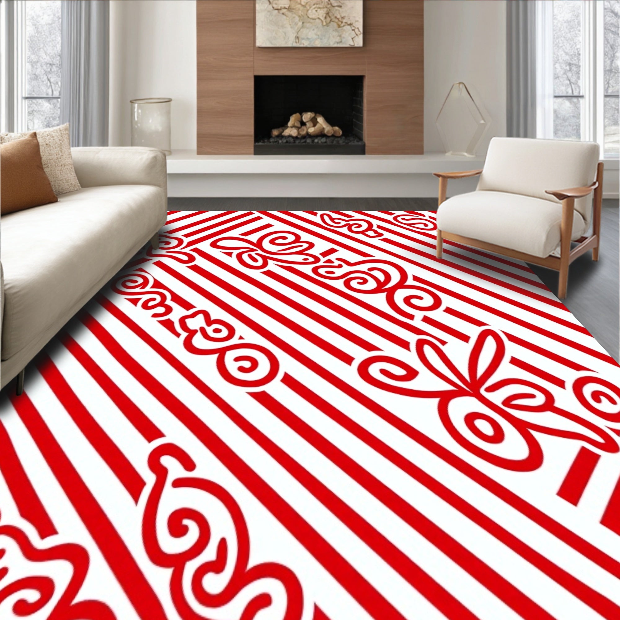 Classic Cane Stripe Medallion Area Non Slip(Red)