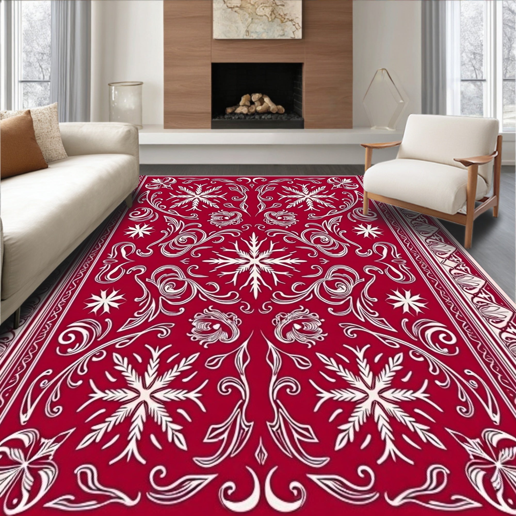 Winter Wonderland Tapestry Featuring Stag Motifs and Folk Ornamentation(Red)