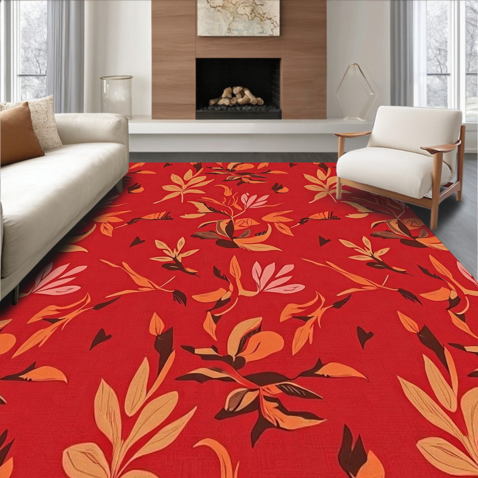 Rustic Abstract Floral Mosaic with Seasonal Leaf Detailing(Red)