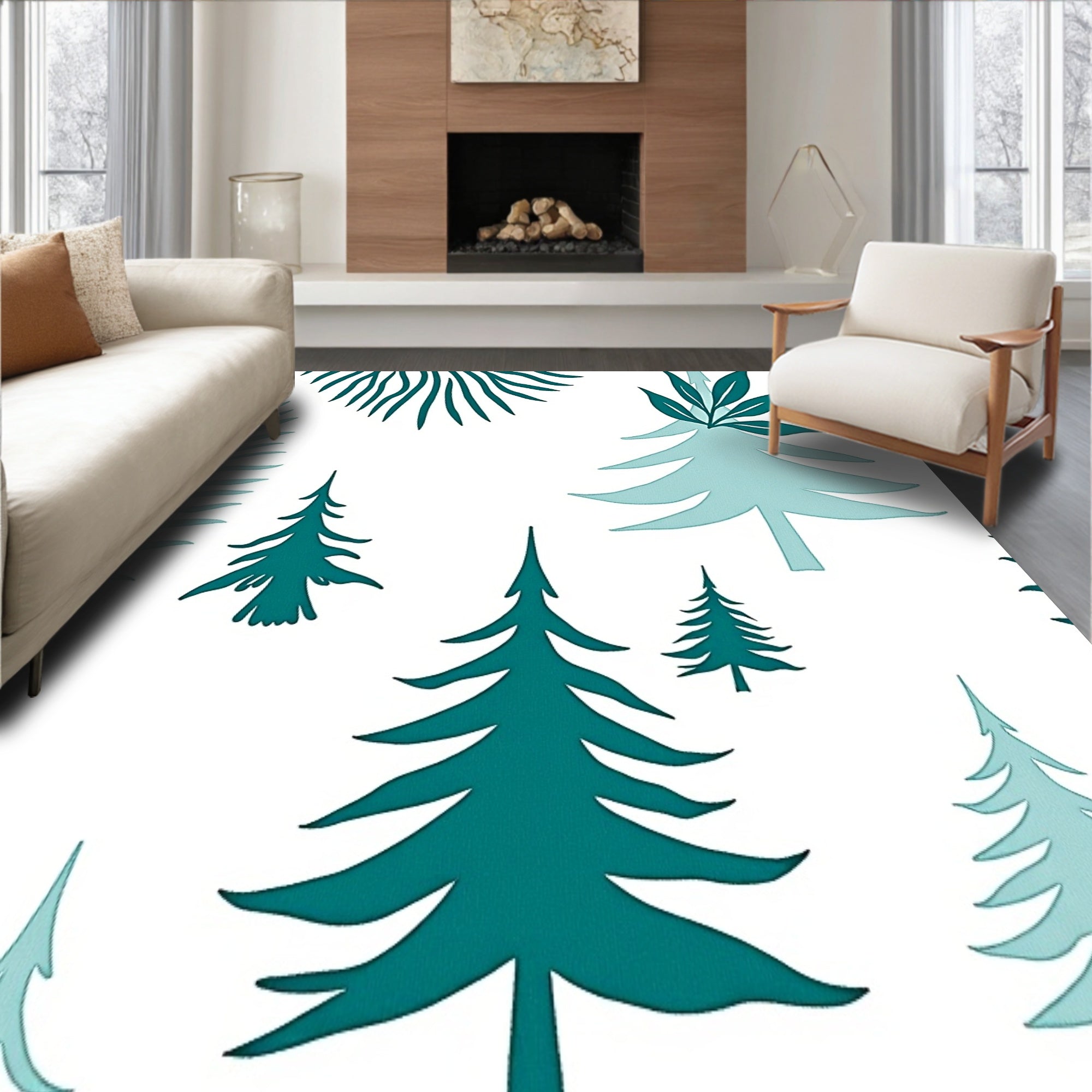Nordic Pine Tree Tapestry with Reindeer Motifs(Blue)
