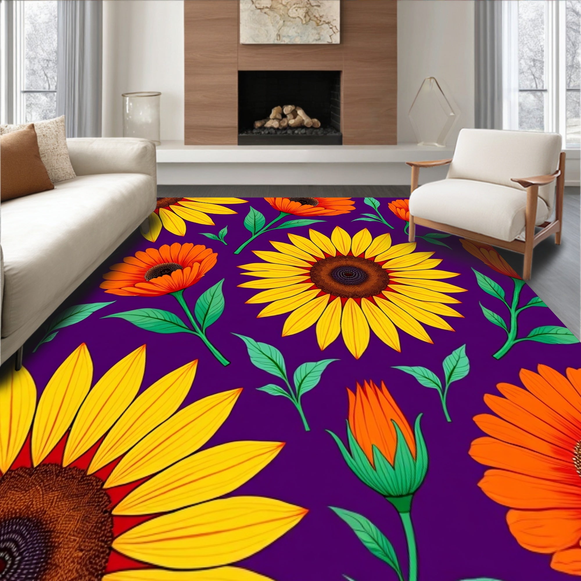 Vintage Sunflower Burst with Autumn Poppy Medallion Floral Design(Purple)