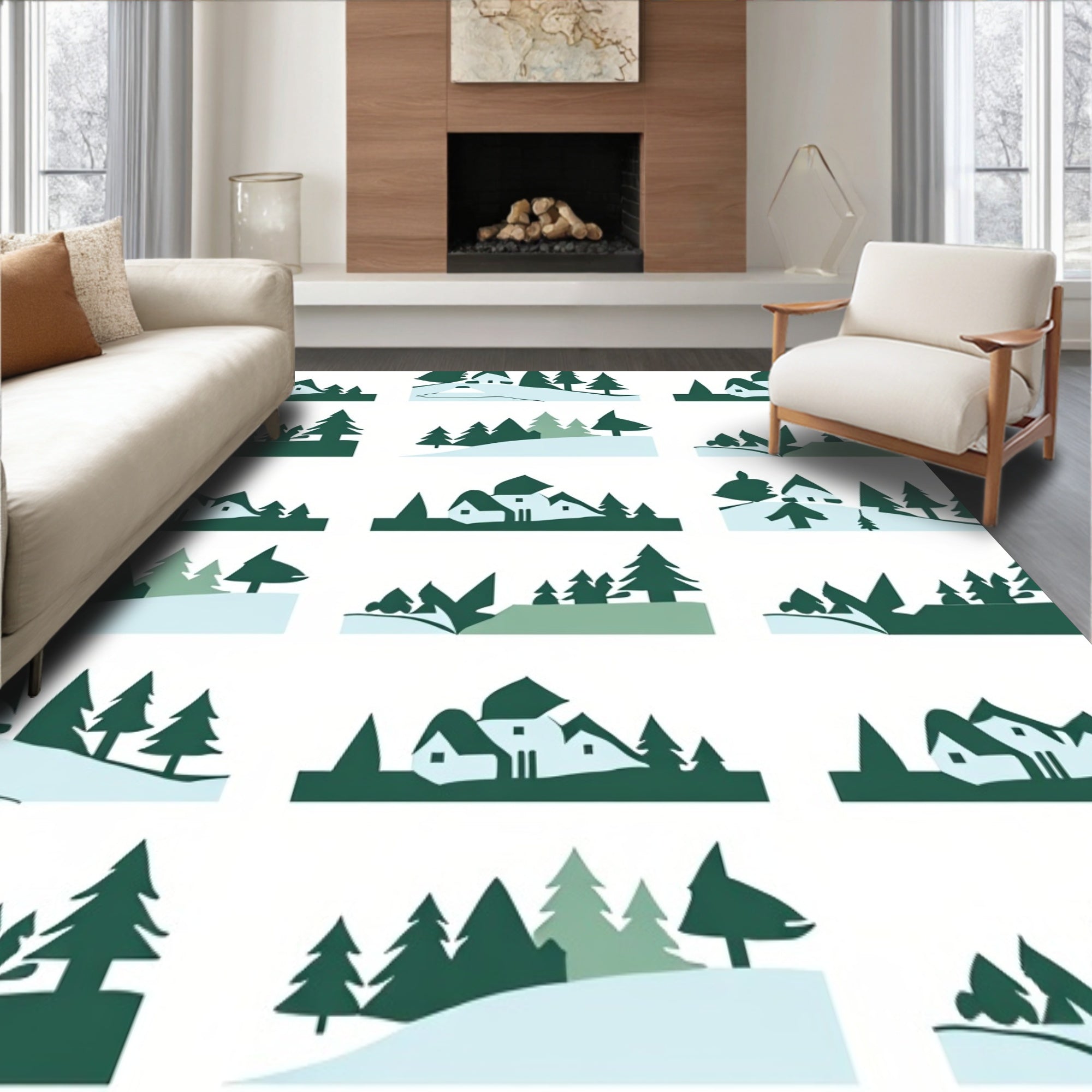 Nordic Winter Village Scene Textured Celebration Contemporary Design(Green)