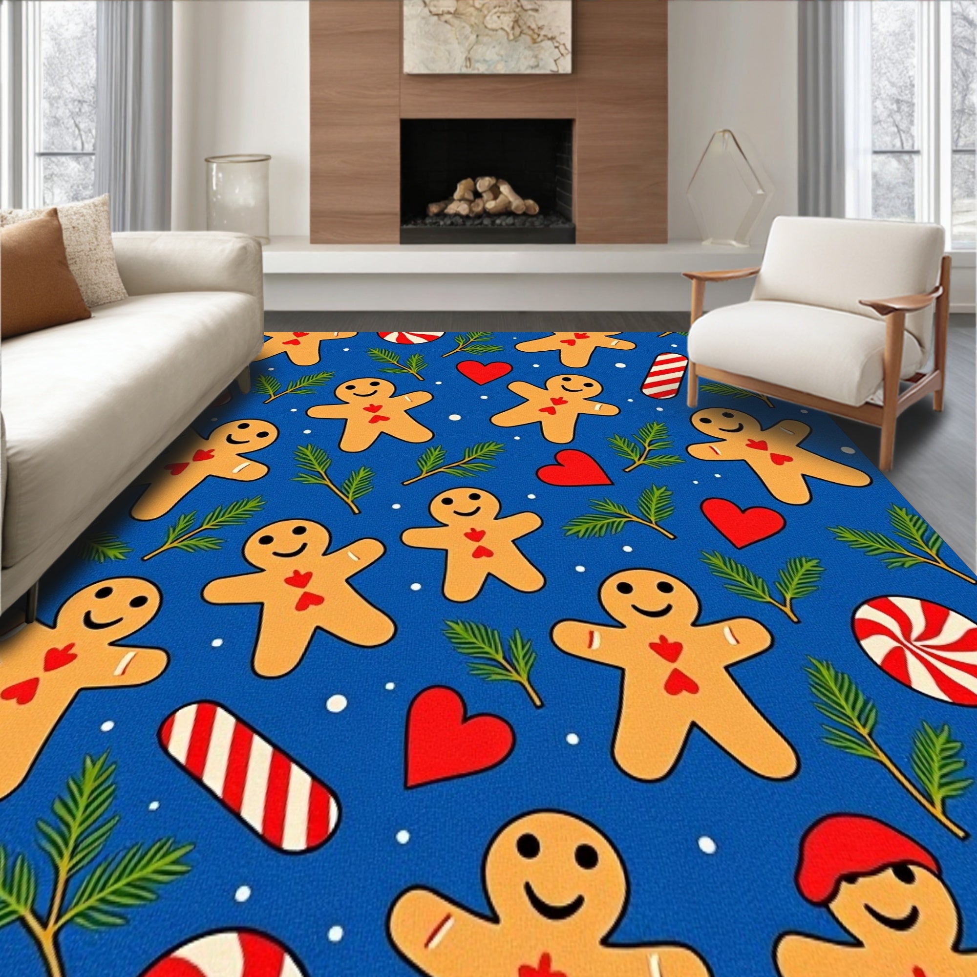 Winter Wonderland Gingerbread Man Mosaic with Peppermint Hearts and Pine Accents(Blue)