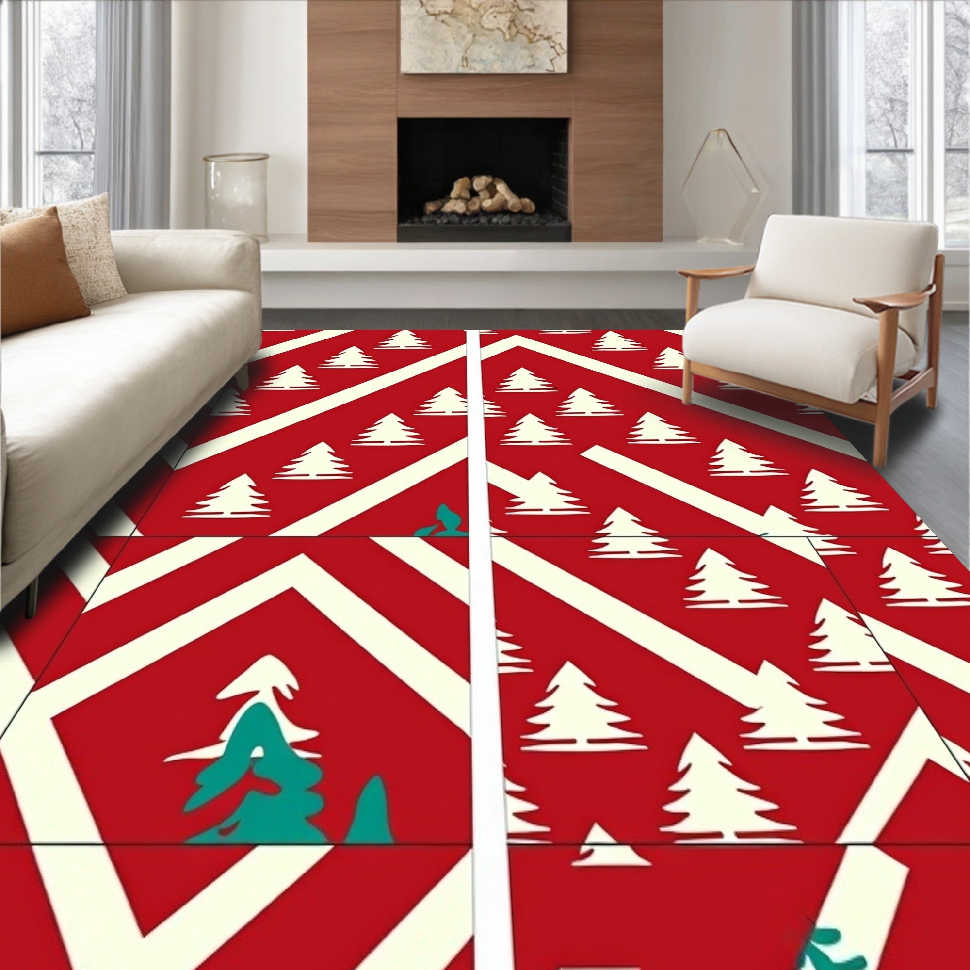 Modern Interlocking Chevron with Subtle Holiday Pine Silhouettes(Red)
