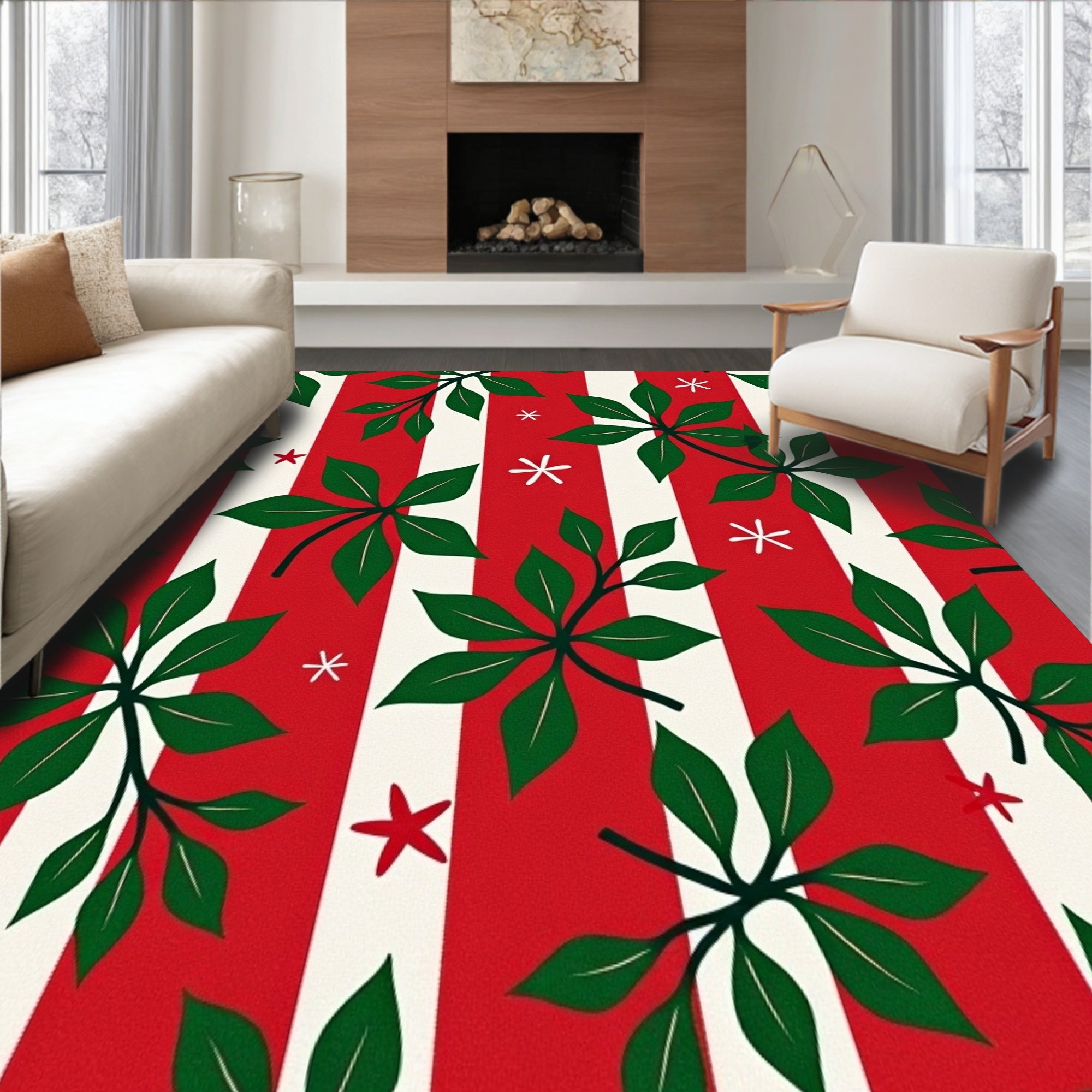 Cane Striped with Holly Leaf Accents Semi Arc Design(Red)