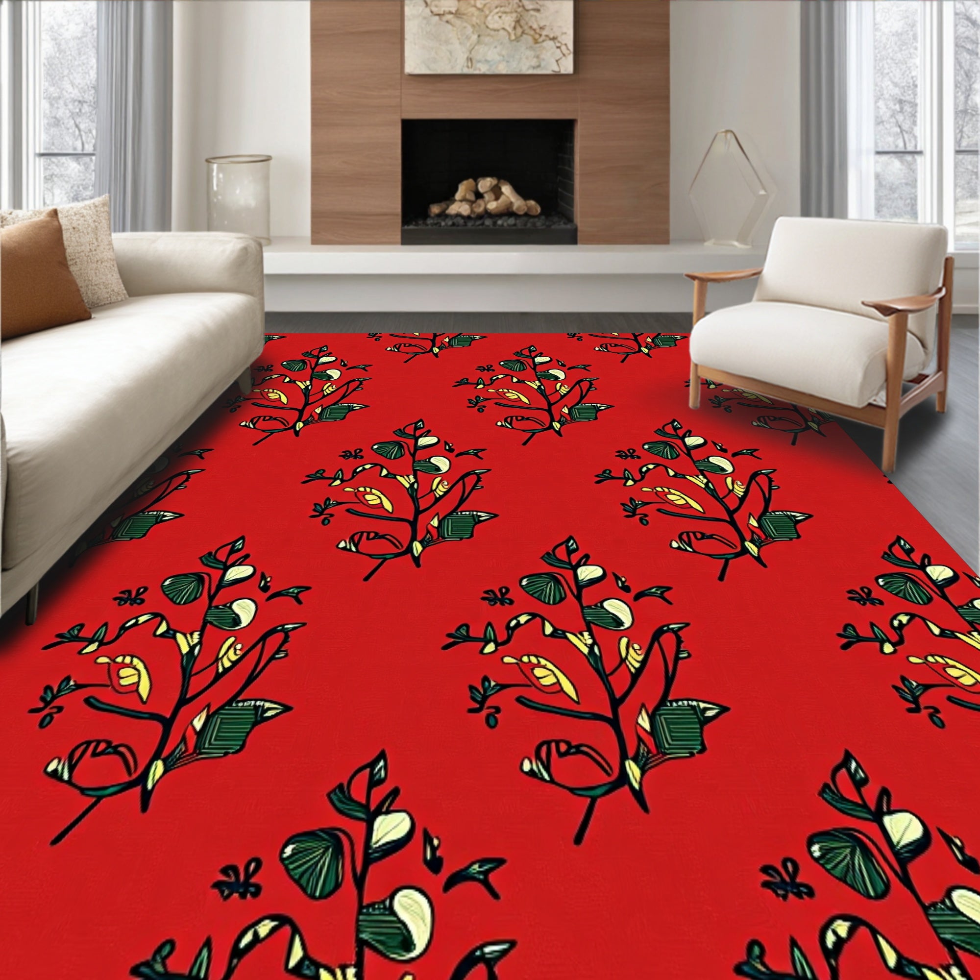 Stylized Amber Woods Motif with Flourished Botanical Embellishments(Red)