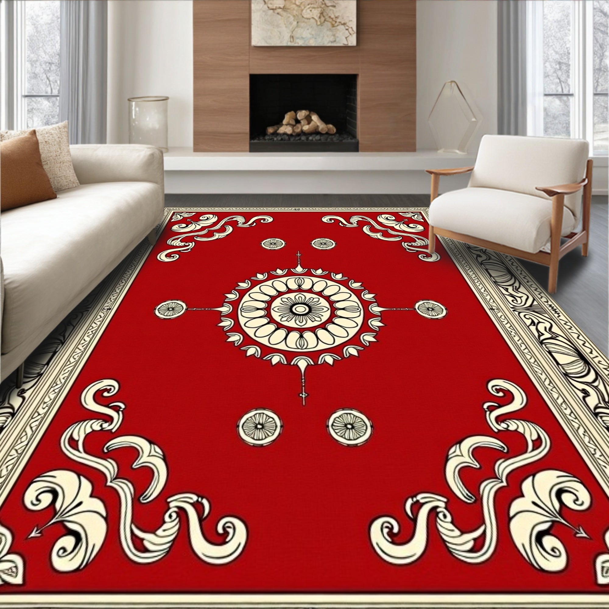 Interlocking Medallion With Ornate Border And Vintage Motif Accents(Red)