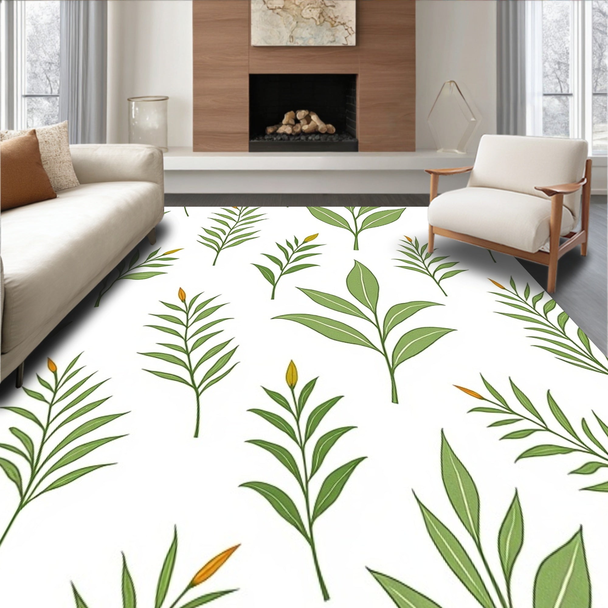 Botanical Leaf Print Fluffy Machine Clean Safety Base (White) - ODIKA