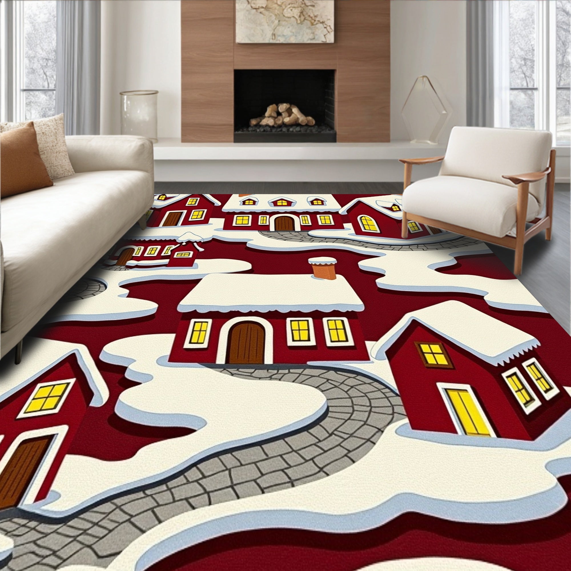 Vintage Christmas Village Snowy Landscape Floor Covering Design(Red)