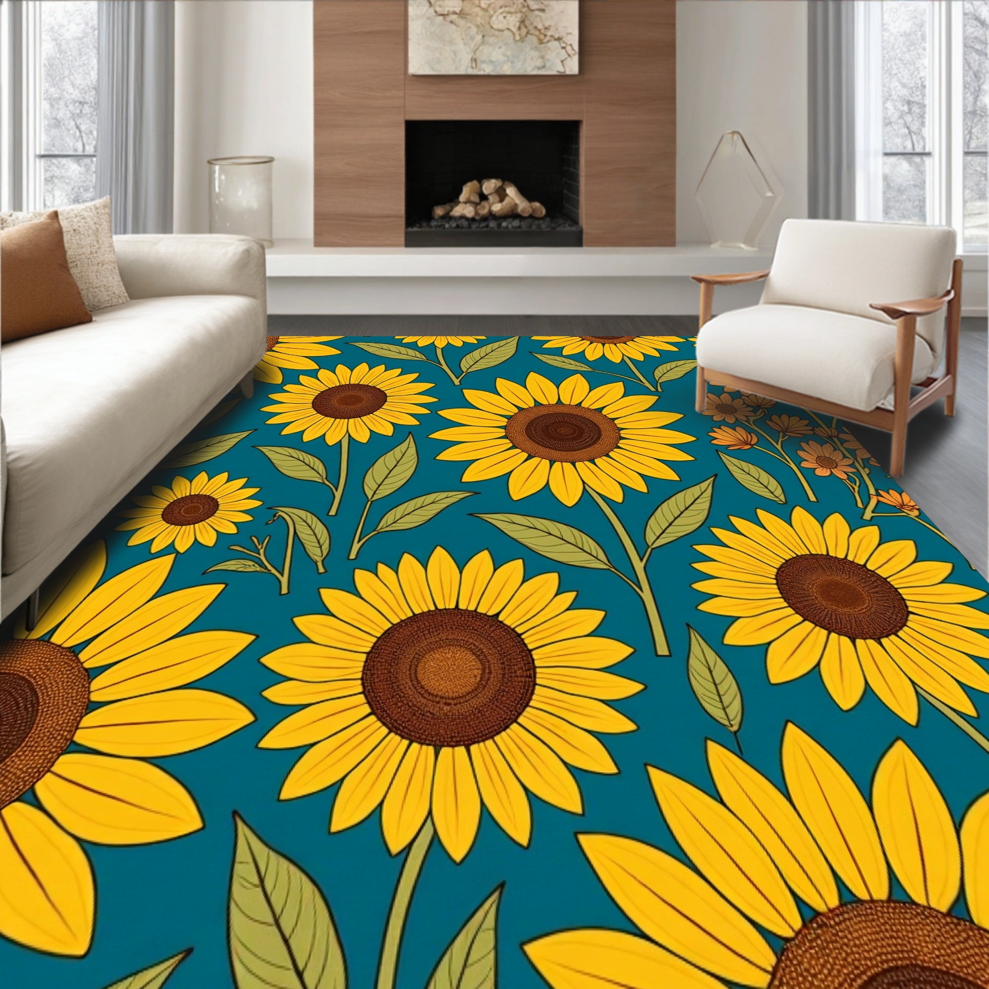 Blooming Sunflower Field Meadow Vintage Botanical Floral Tapestry(Yellow)