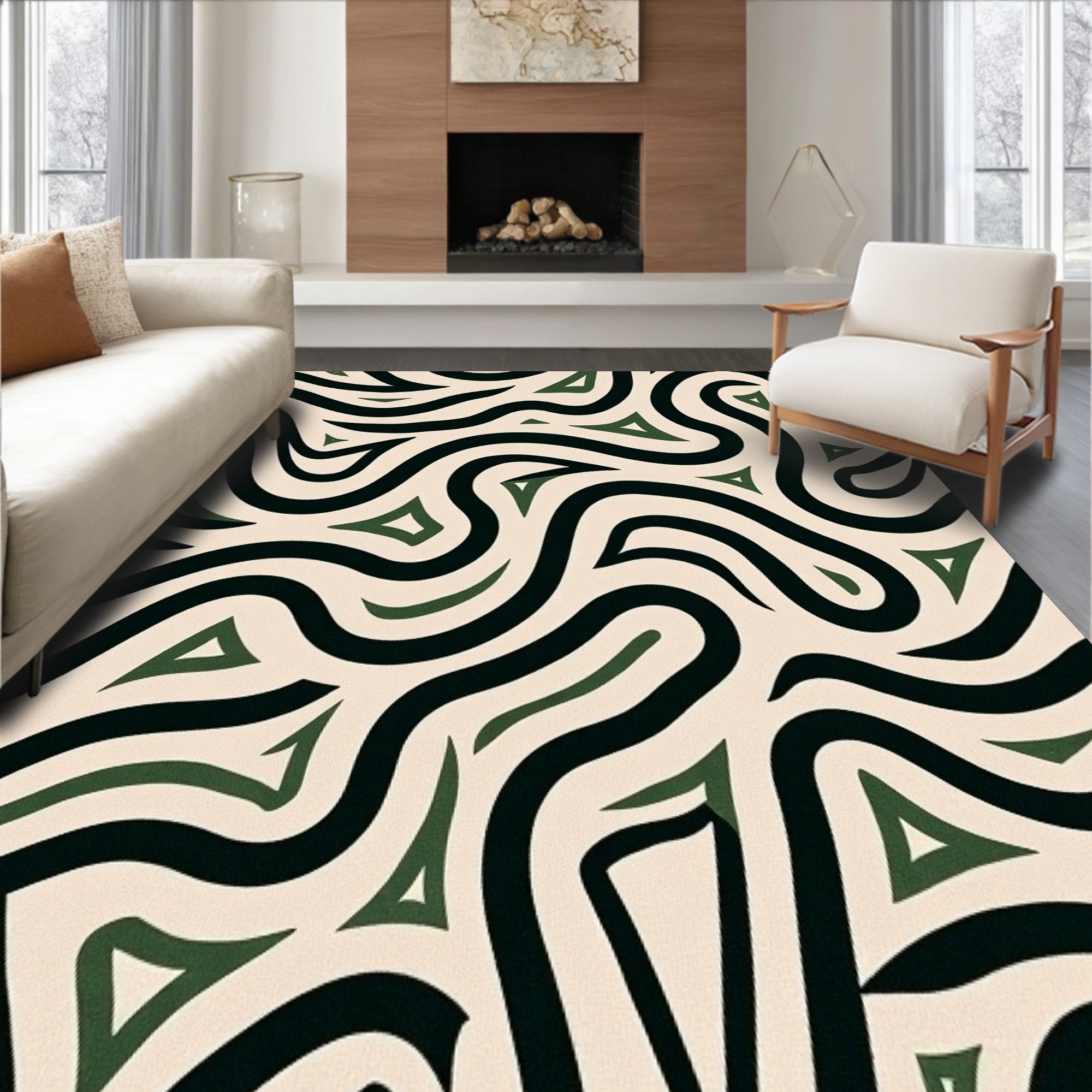 Wave Motif Featuring Dark Green and Black Contrast(Ivory)