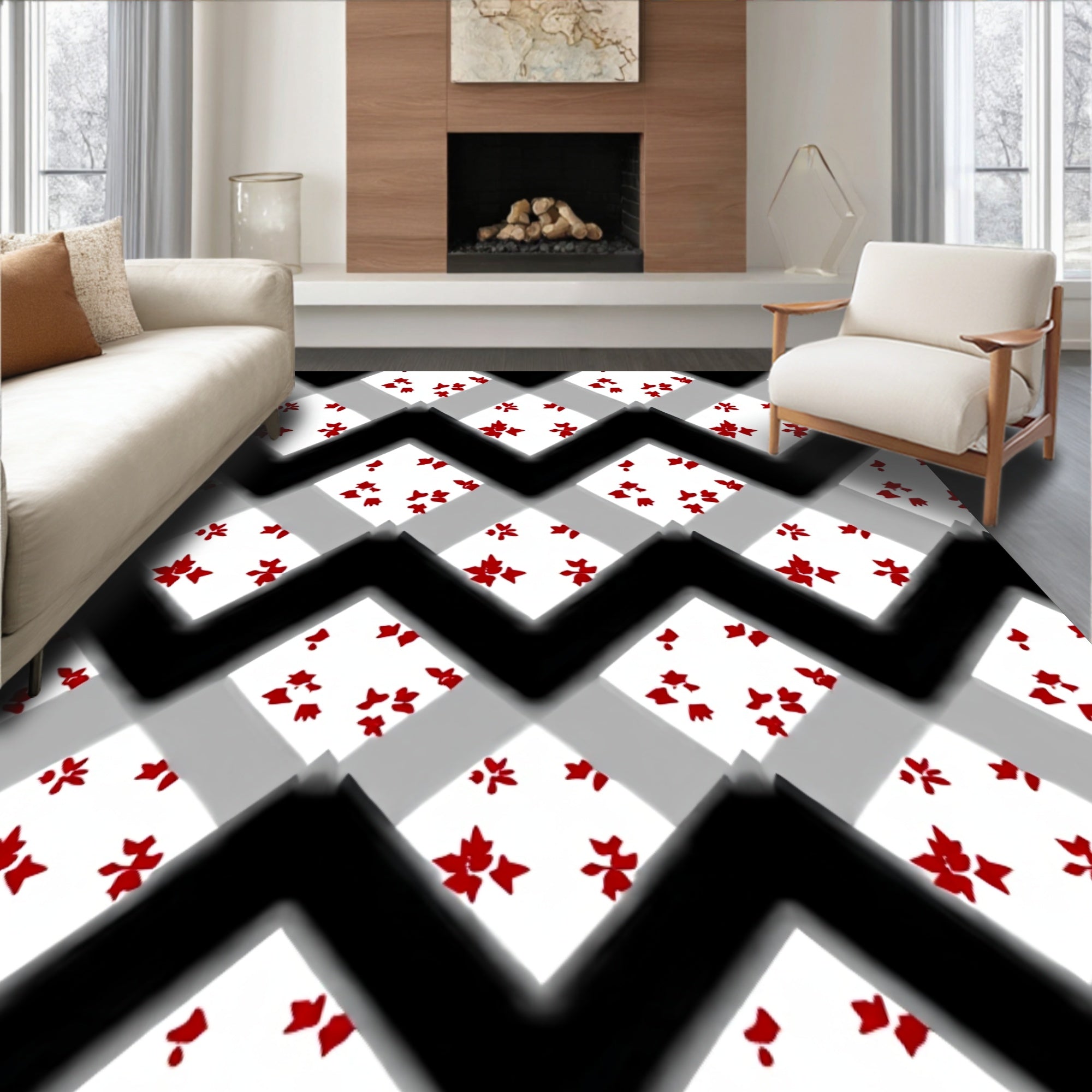 Scandi Checkerboard with Festive Holly Leaf Details(Black)