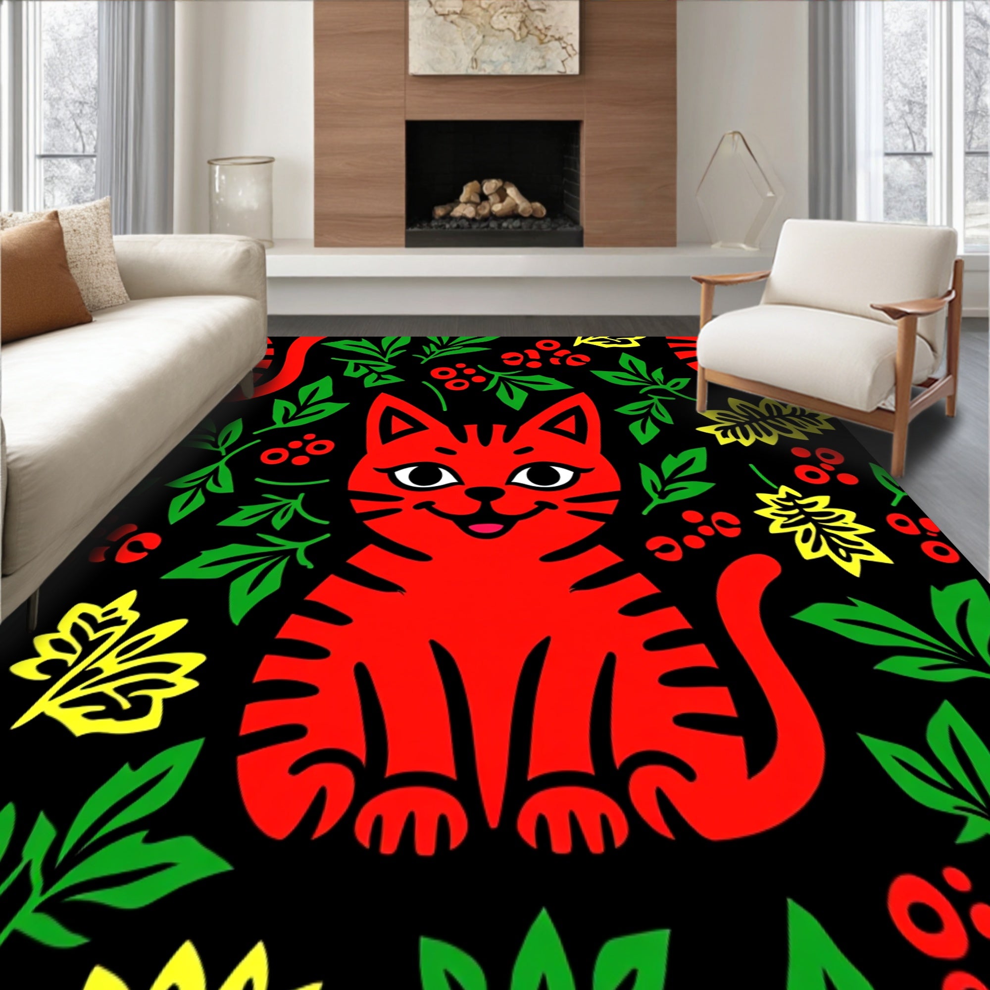 Cheerful Cat And Holly Berry With Festive Interlocking(Red)