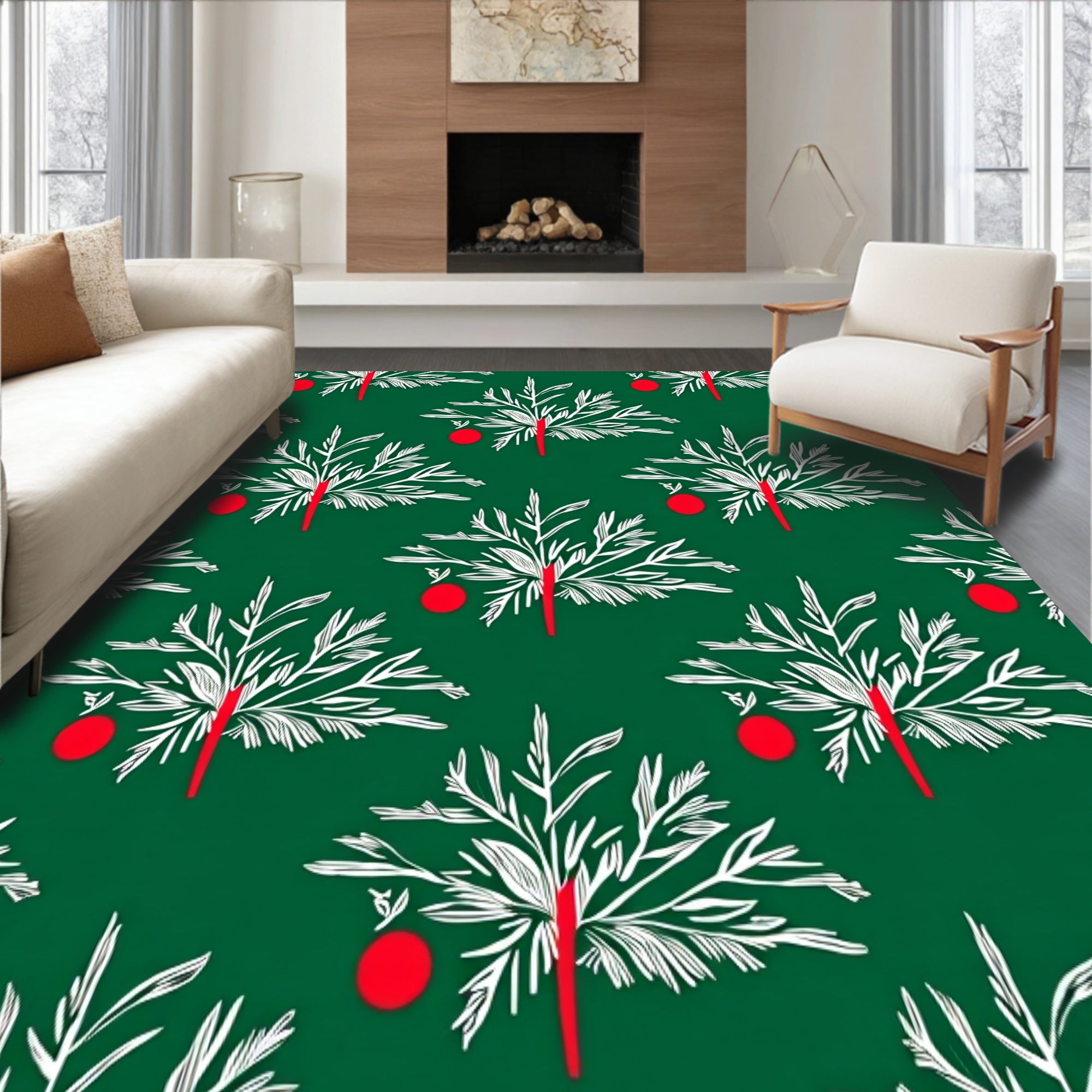 Festive Evergreen Holiday With Decorated Fir Motif(Green)