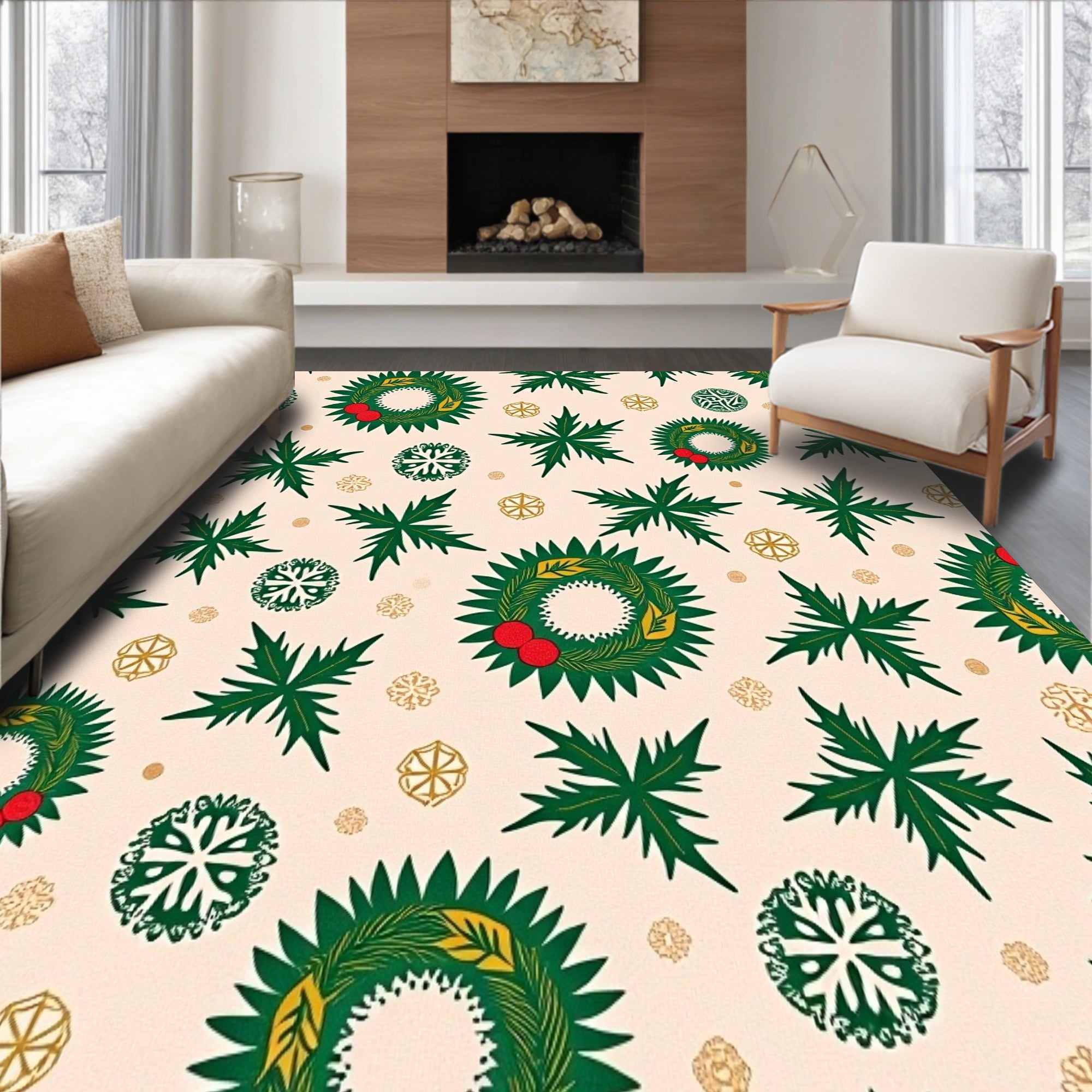 Festive Holly Wreath with Snowflake Motifs Holiday Celebration(Beige)