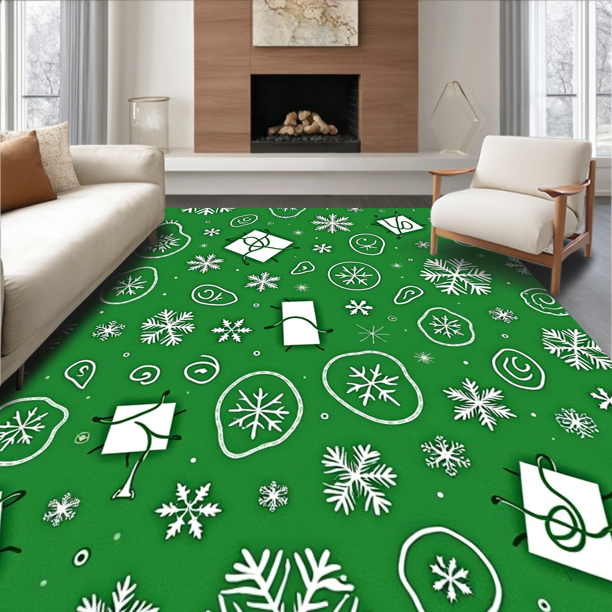 Whimsical Holiday Characters Amidst Frosty Snowflakes and Gift Box(Green)