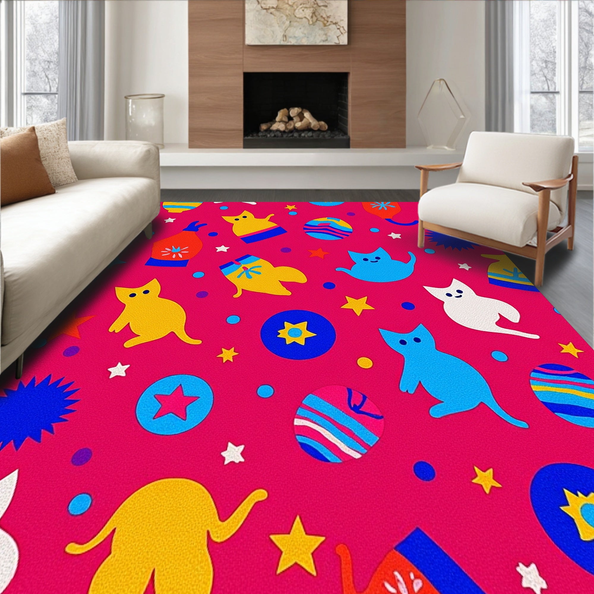 Festive Cat Parade with Twinkling Lantern Motifs and Playful Confetti Accents(Pink)