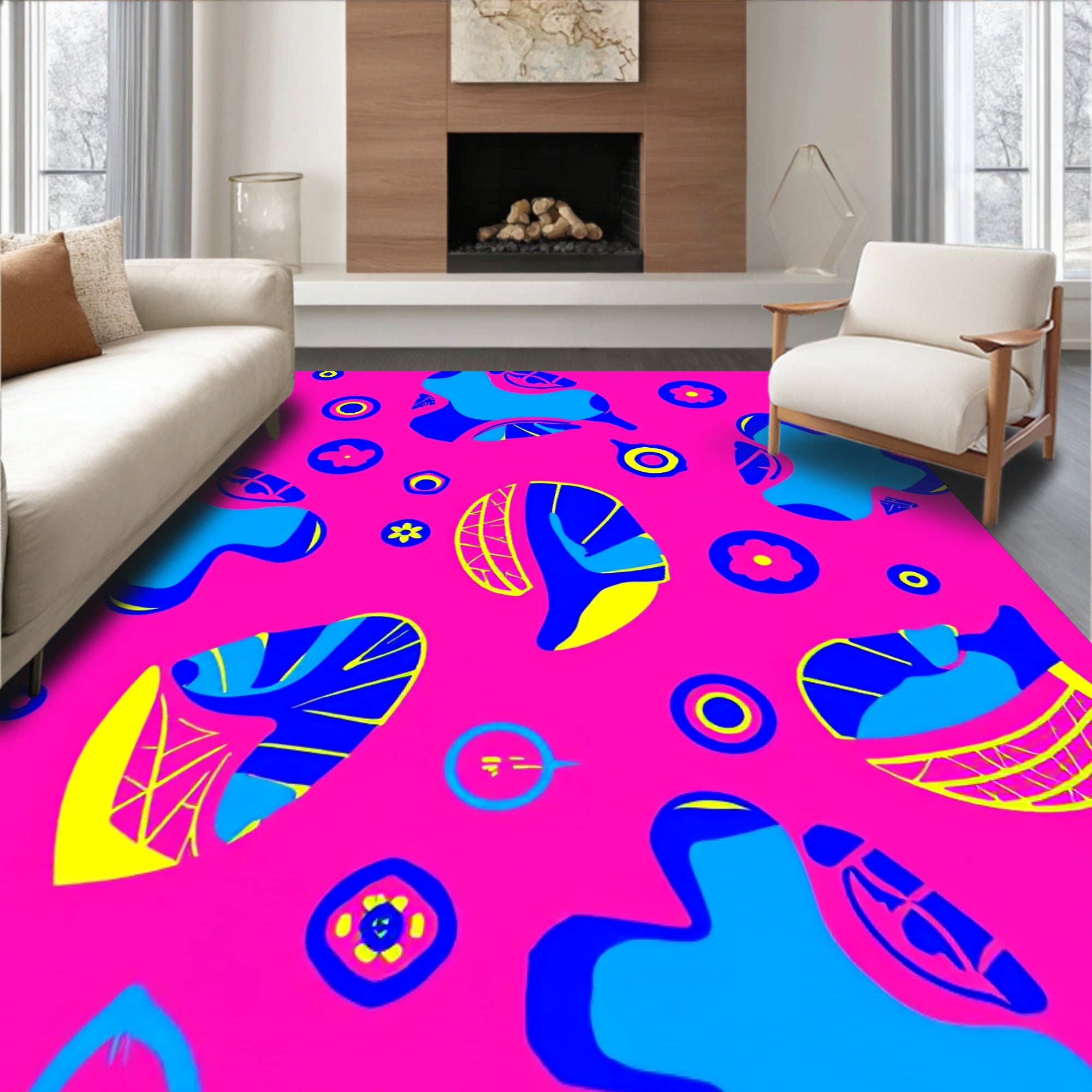 Quirky Holiday Floor with Brightly Glowing Abstract Animal Inspired Shapes(Pink)