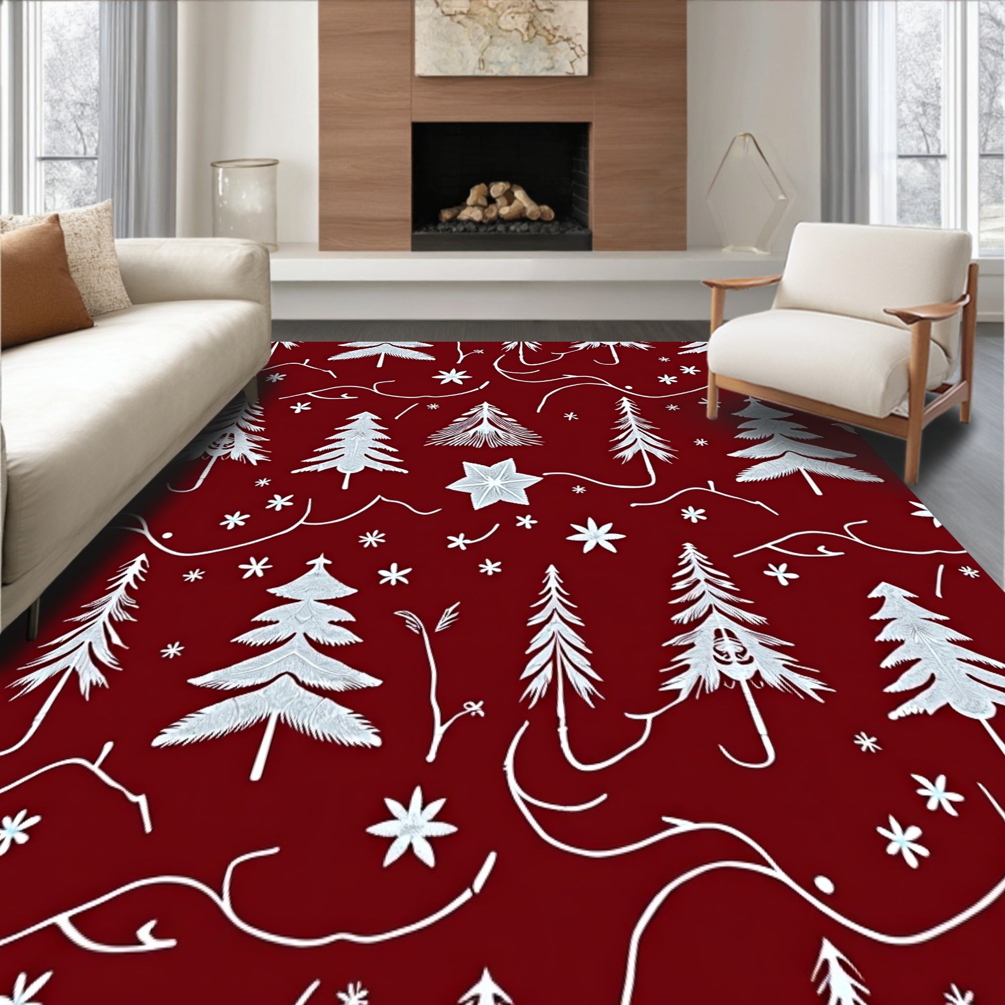 Winter Tree with Crystalline Motifs Seasonal Floor Covering(Red)