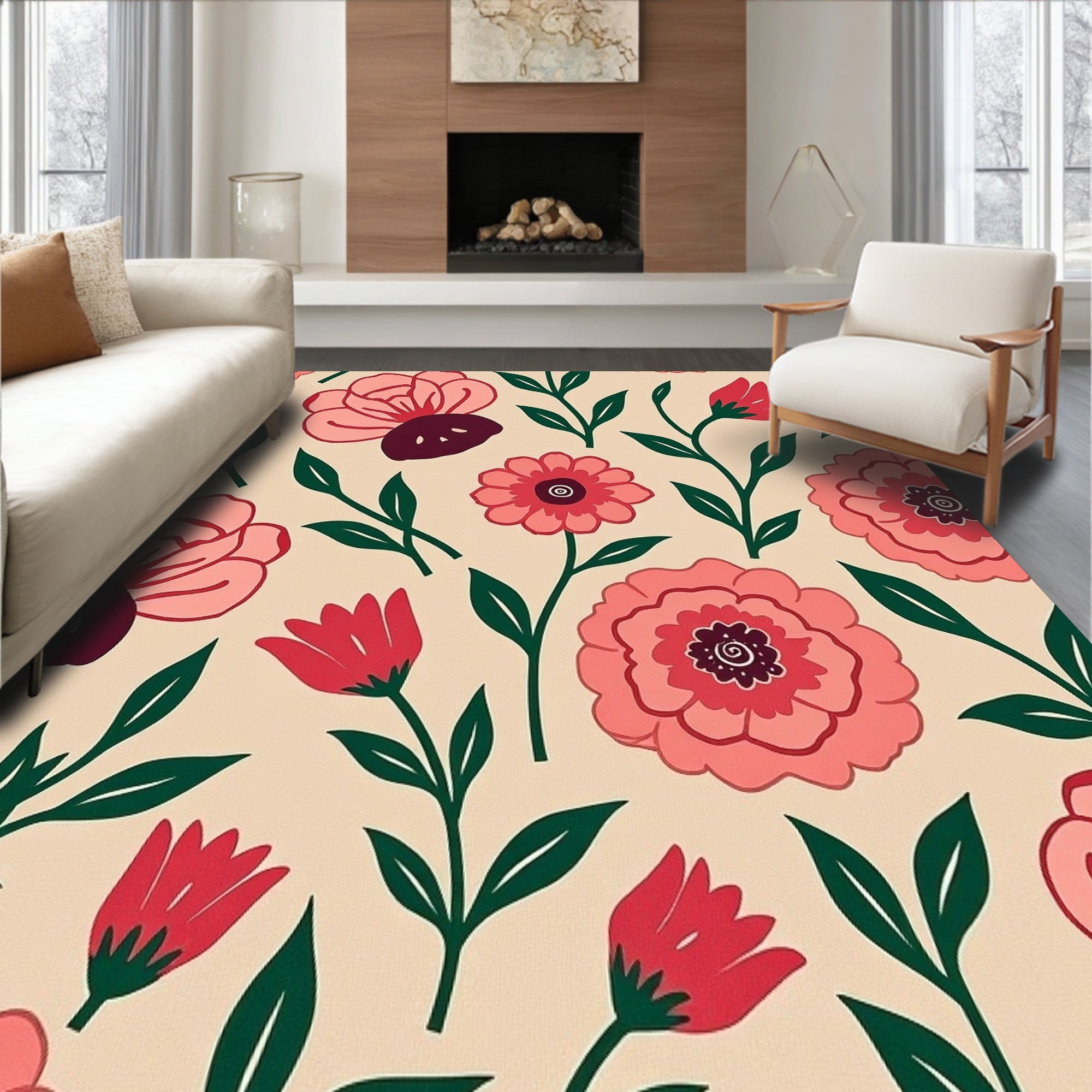 Dreamy Wildflower Meadow Anti Slip Surface with Contemporary Styling(Beige)