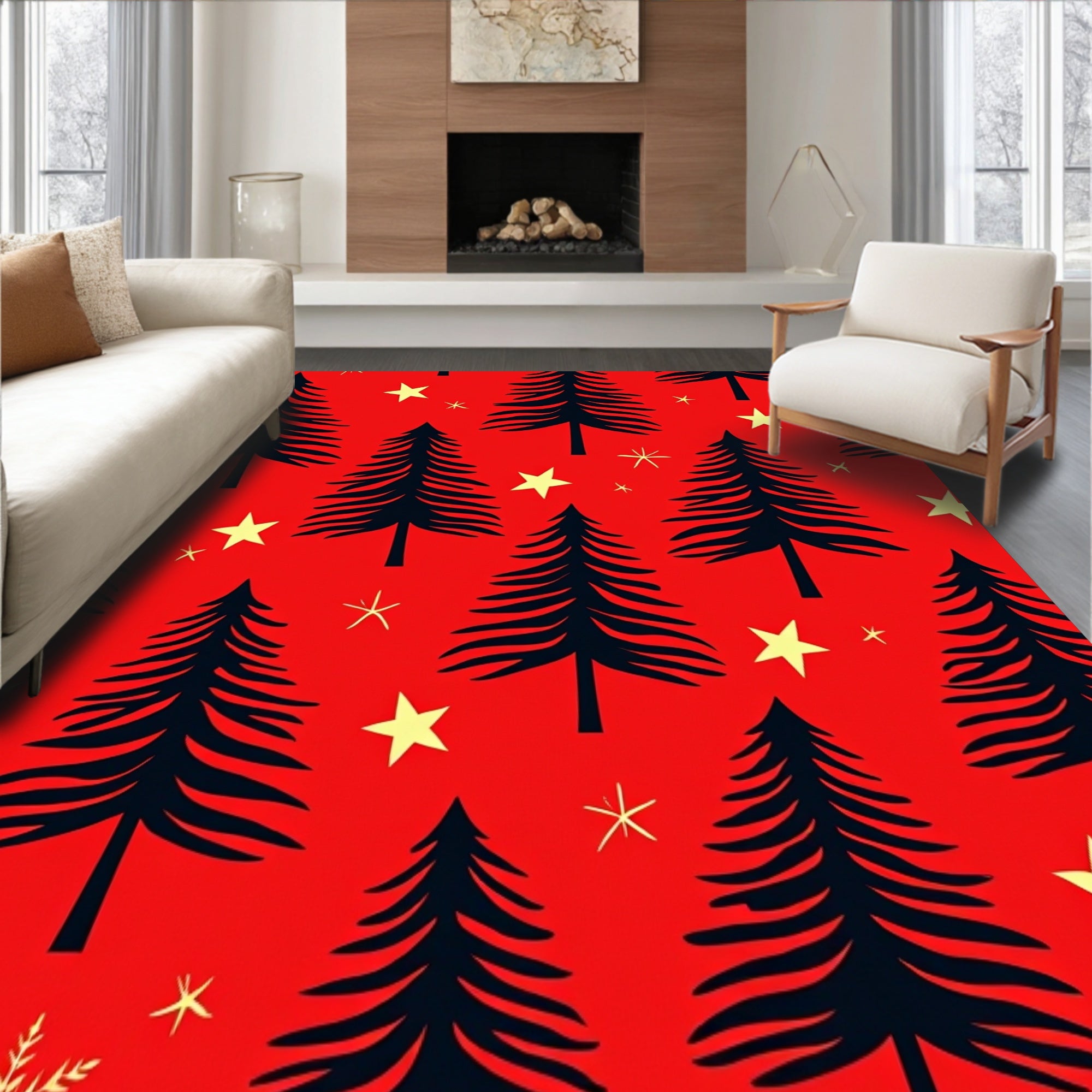 Pine Tree Forest with Starry Night Holiday Design(Red)