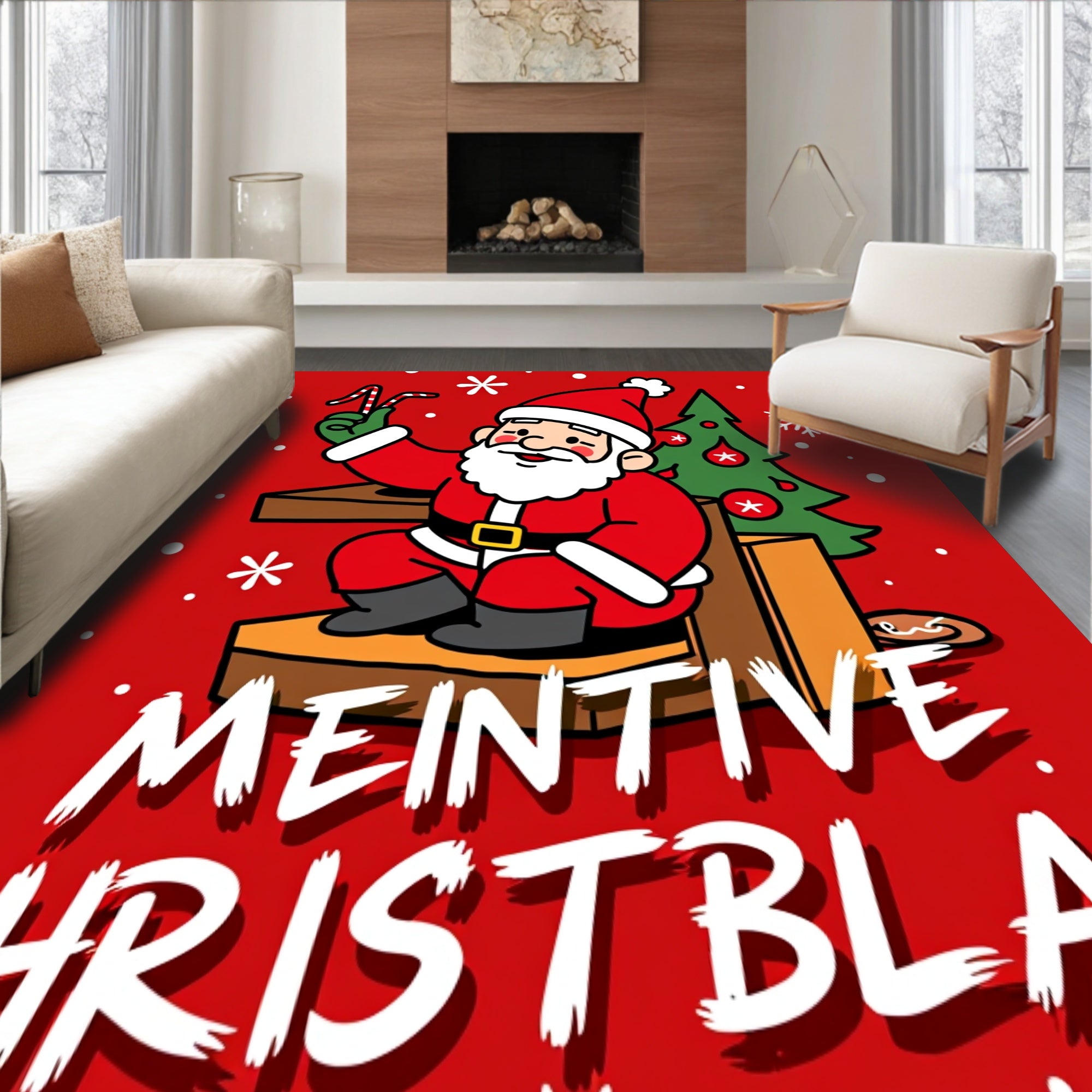 Festive Jolly Santa Beside Fireplace Holiday(Red)