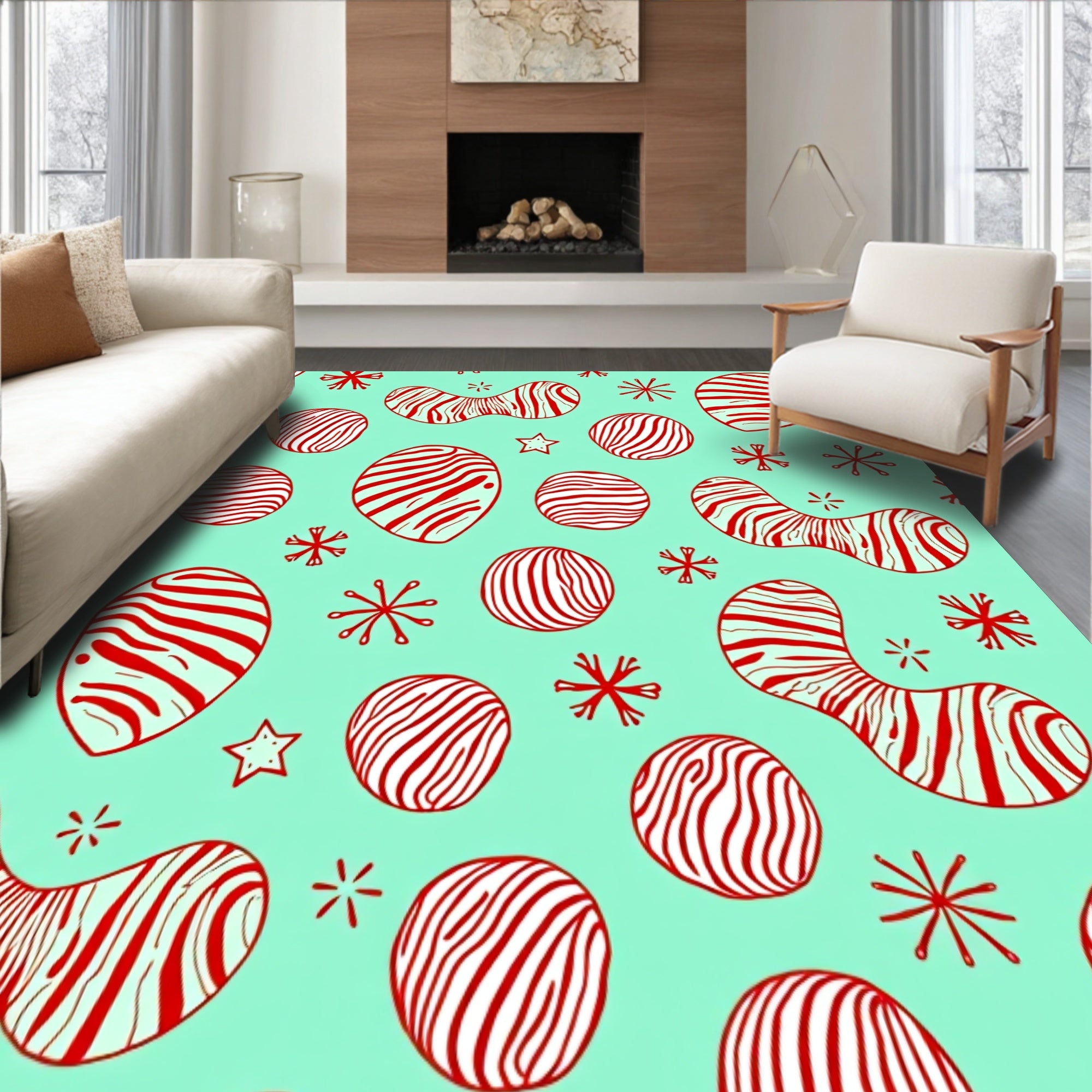 Whimsical Yuletide Scene with Cane Stripes(Blue)