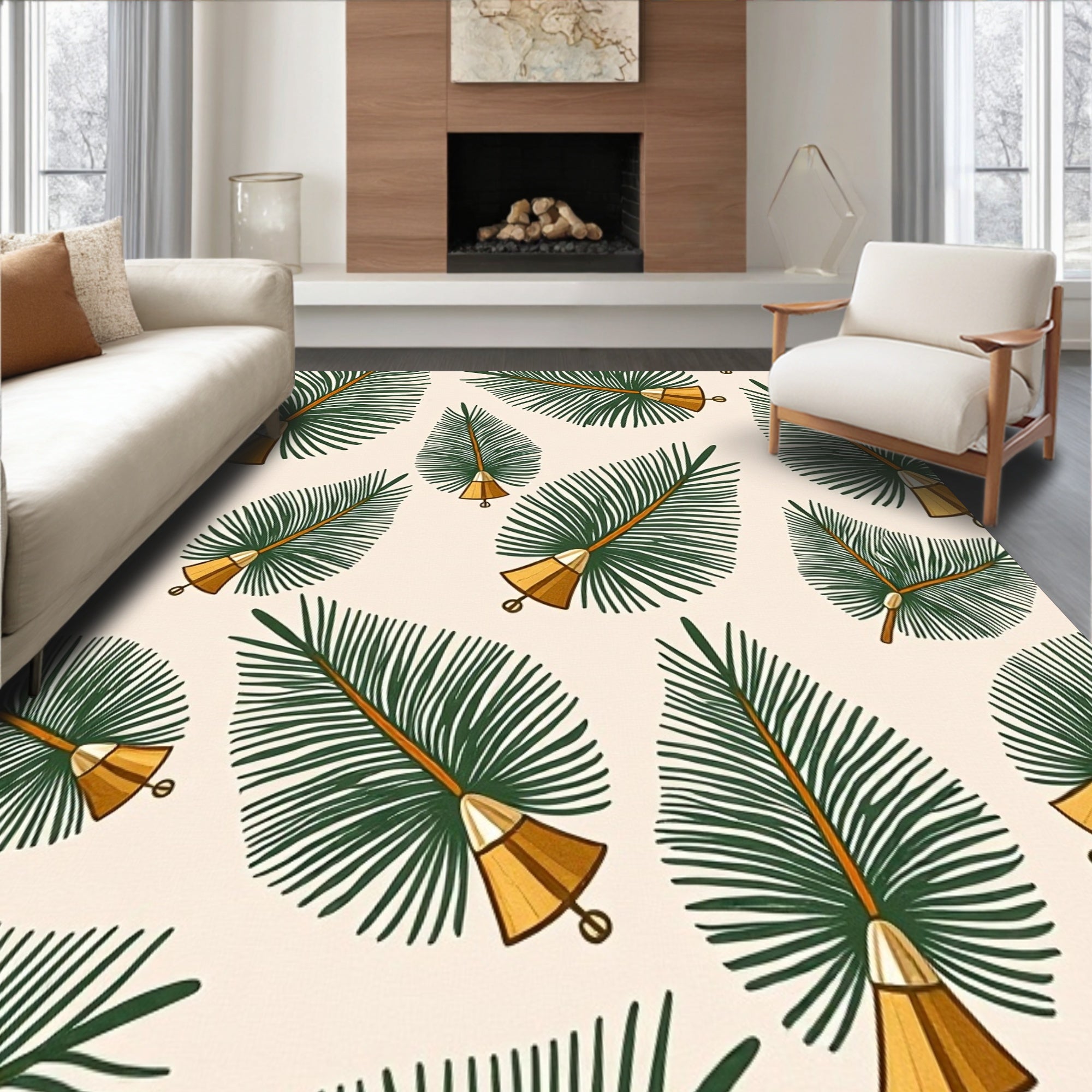 Pine Branch Doormat with Golden Bell Ornament Accents(Ivory)