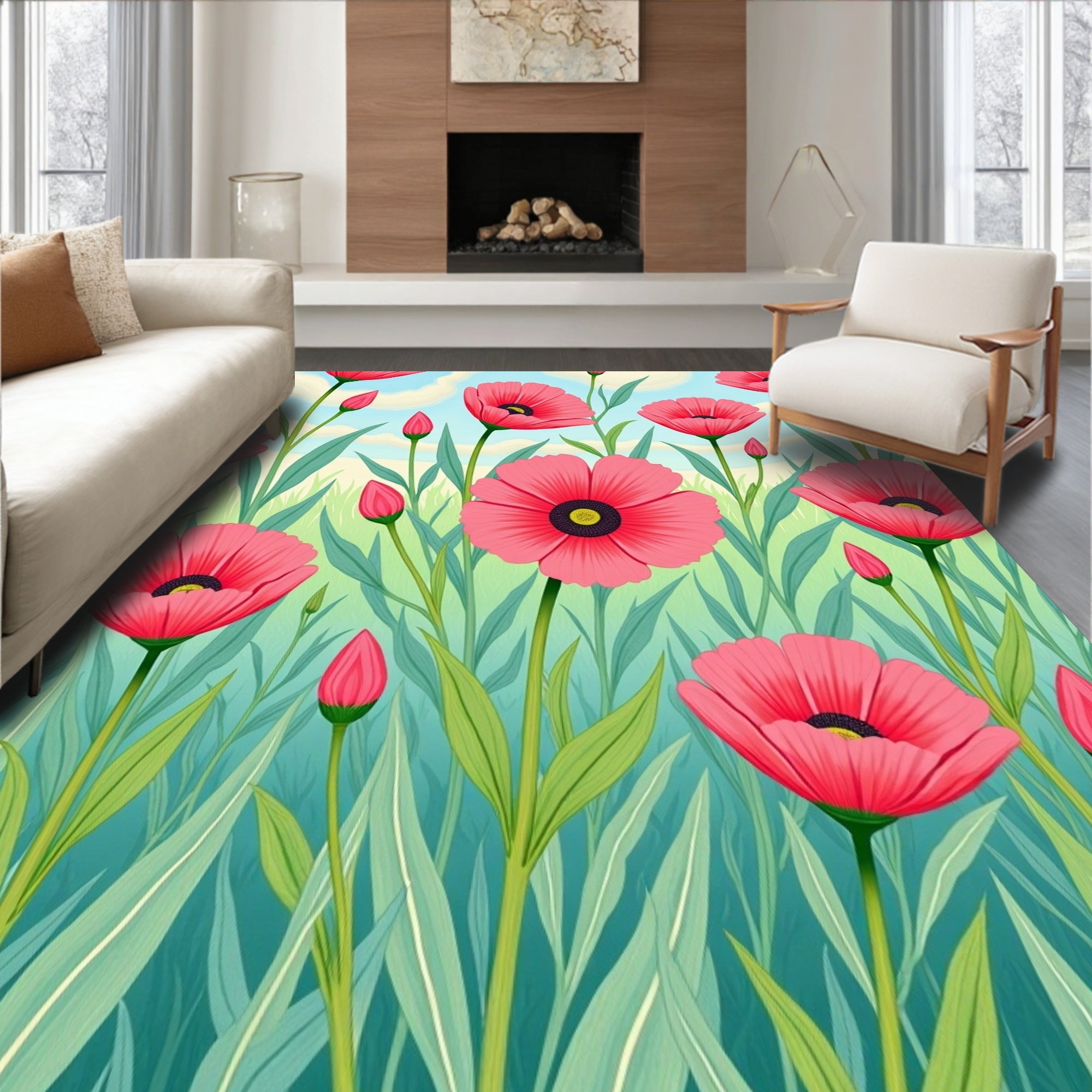 Enchanted Meadow Flower Slip Resistant Holiday Floor Cover(Pink)