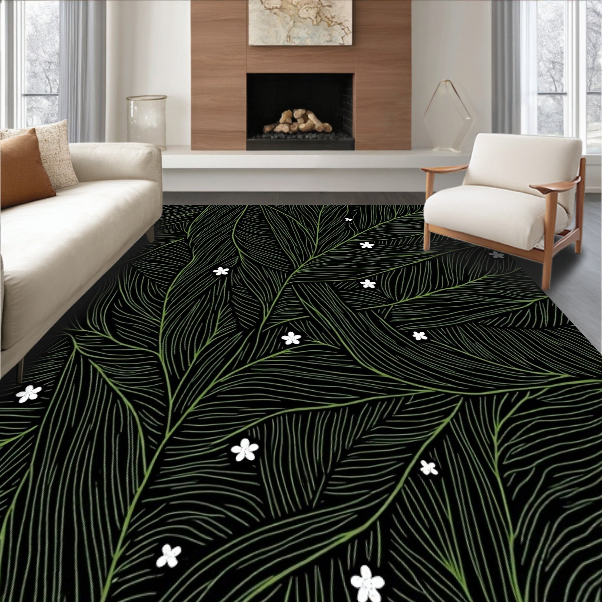 Wispy Fir Branch Floor Covering with Shimmering Snowdrift(Black)