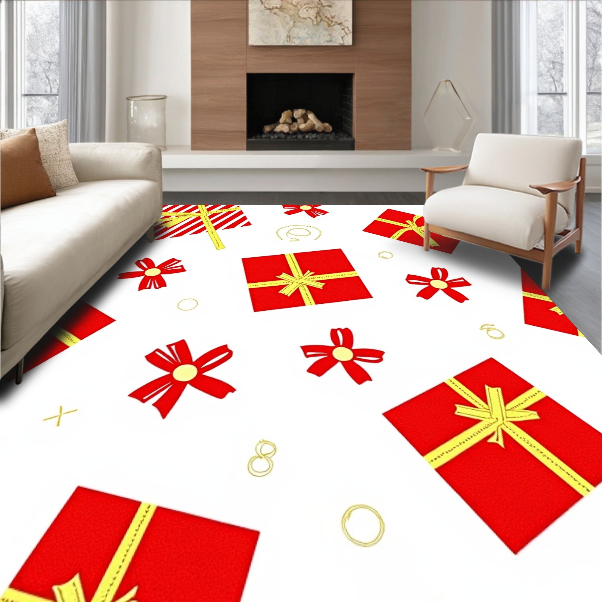 Joyful Gift Box Motif with Ribbon Bow Accents Floor(Red)