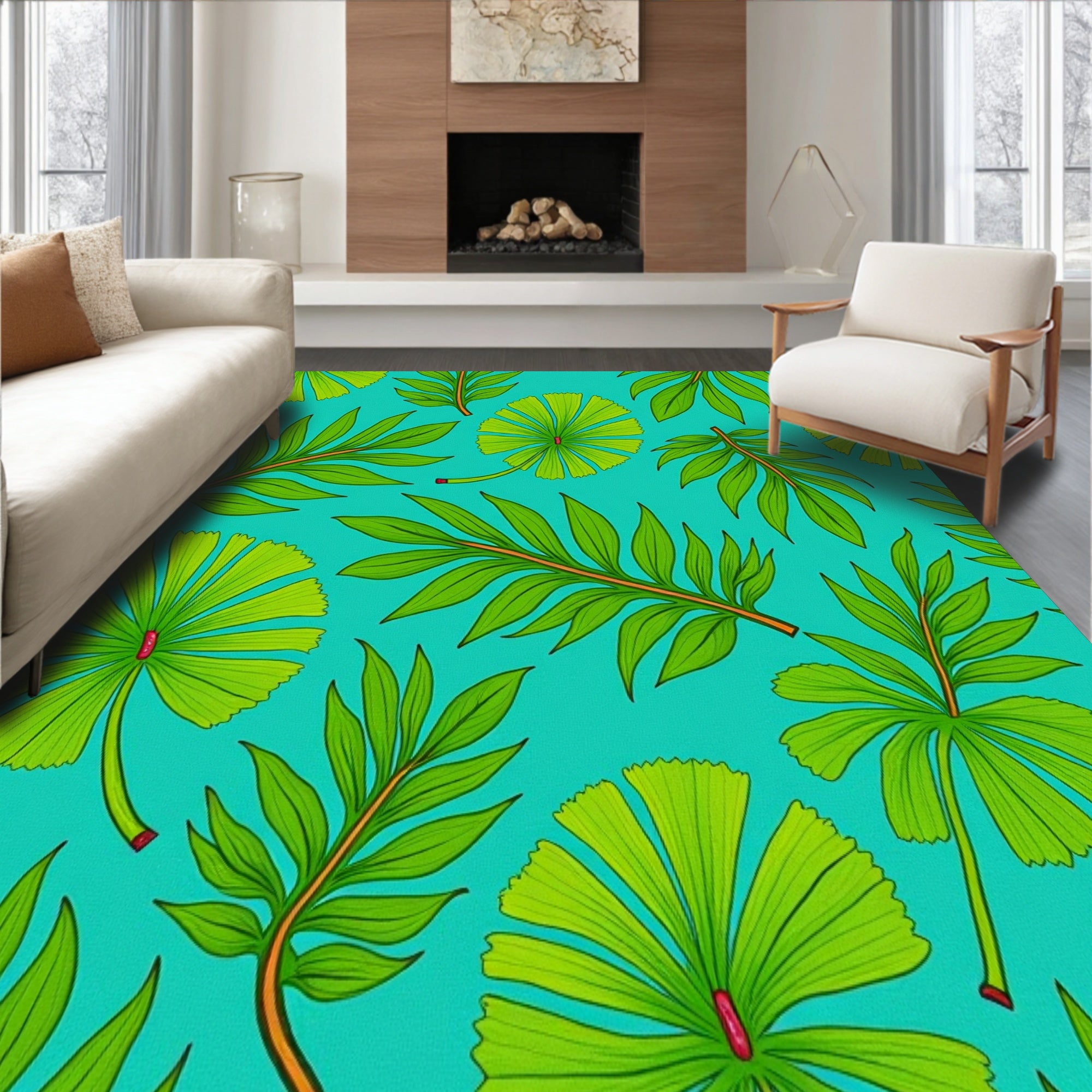 Monstera Leaf Mosaic with Interlocking Tropical Foliage Motifs (Blue) - ODIKA