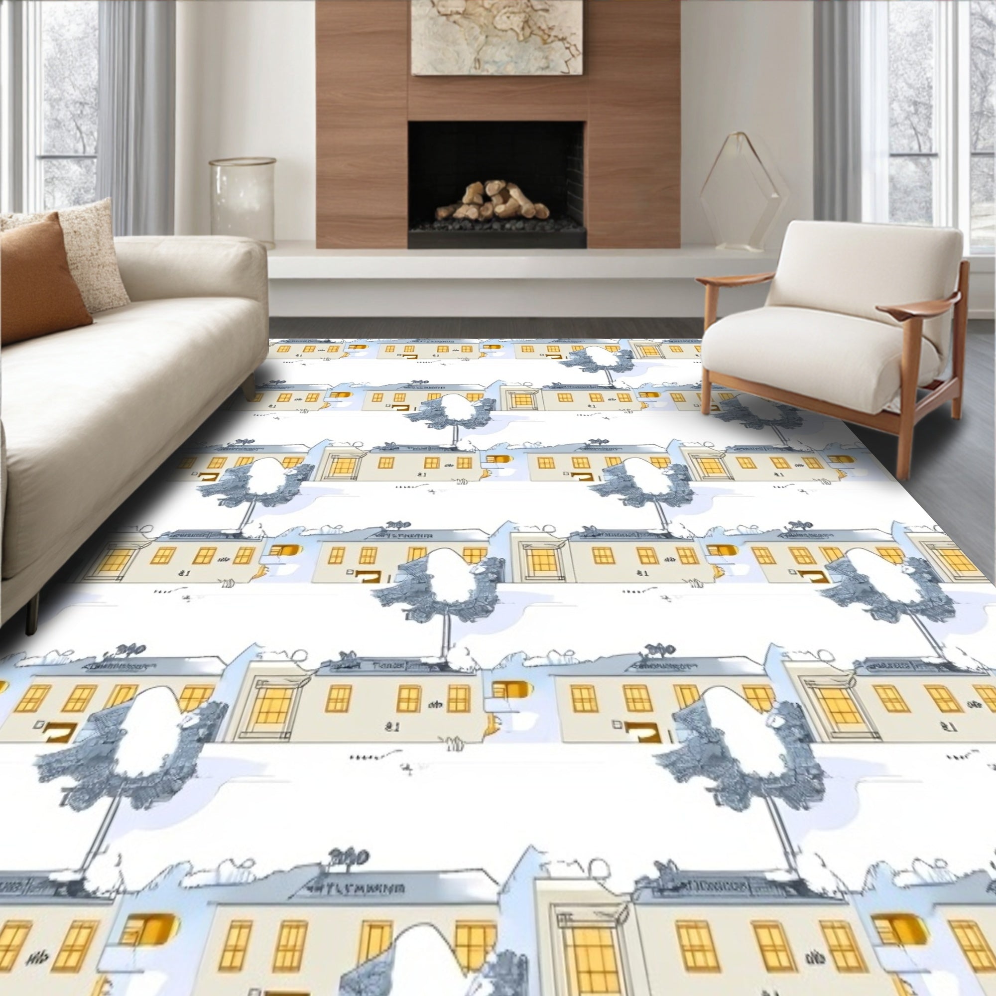 Winter Wonderland Scenic with Snowy Village Landscape(Beige)