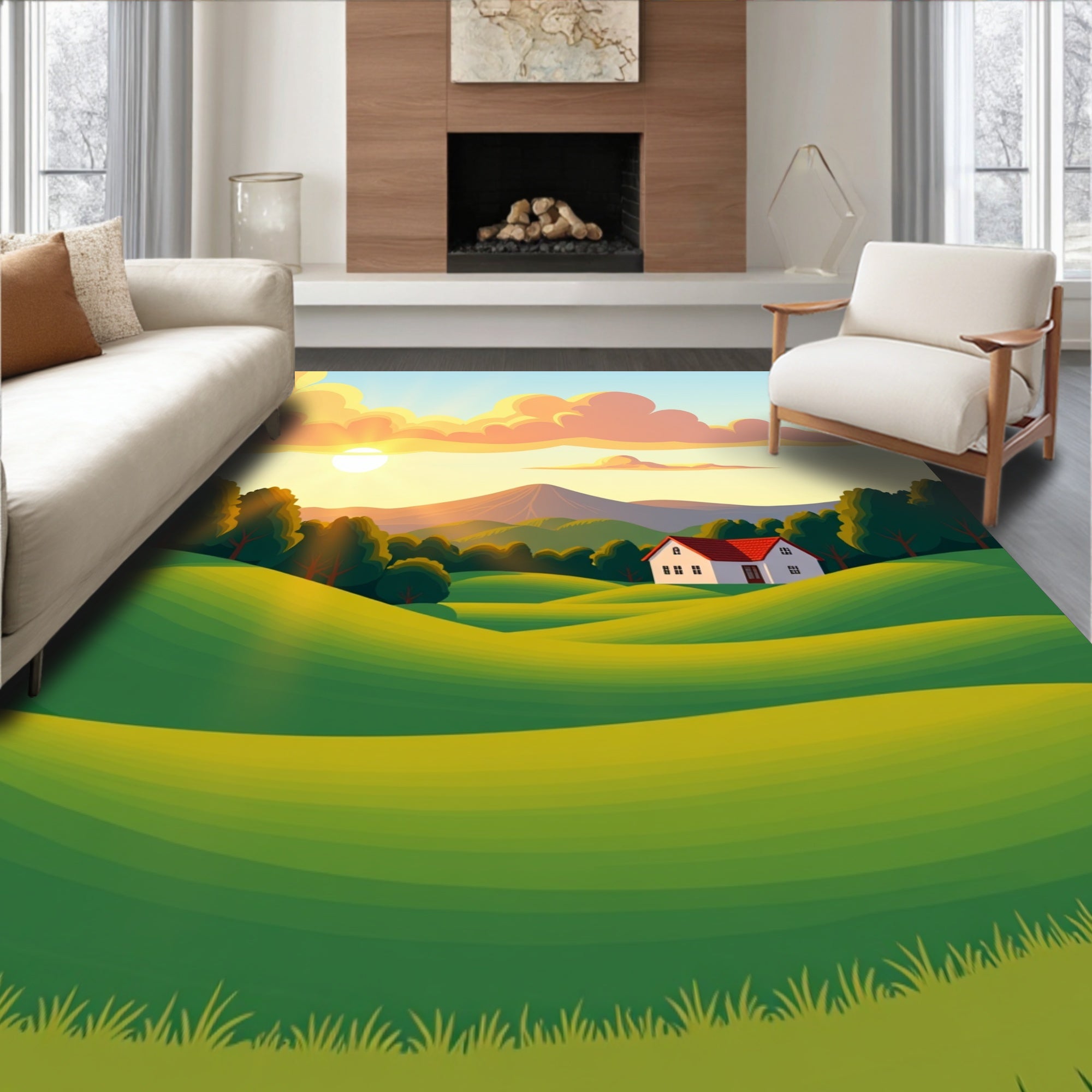 Farmhouse Valley Meadow Sunrise Countryside Road Trip Horizon (Green) - ODIKA