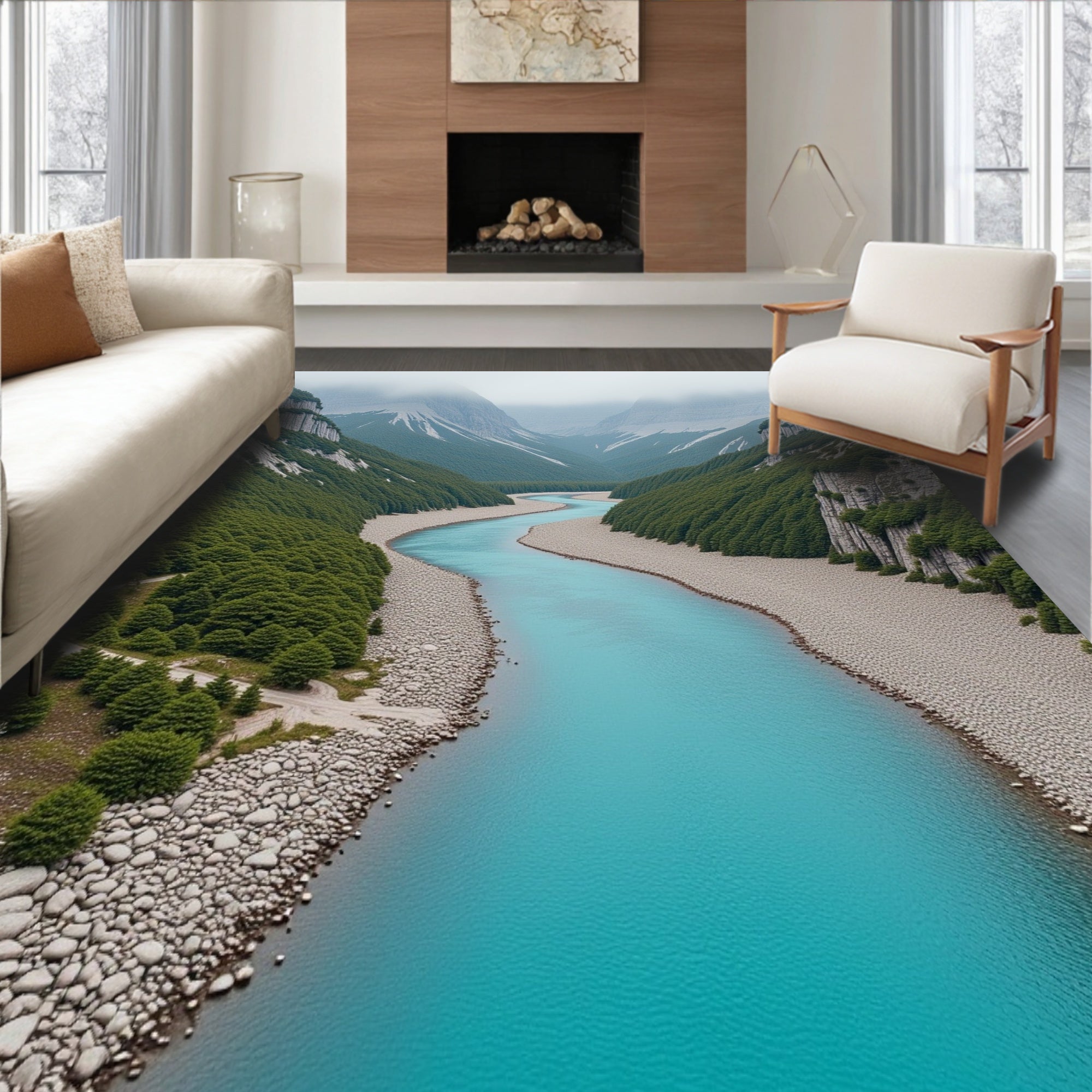 Natural Vista Mountain Stream Panoramic Horizon Perspective Illusion(Blue)