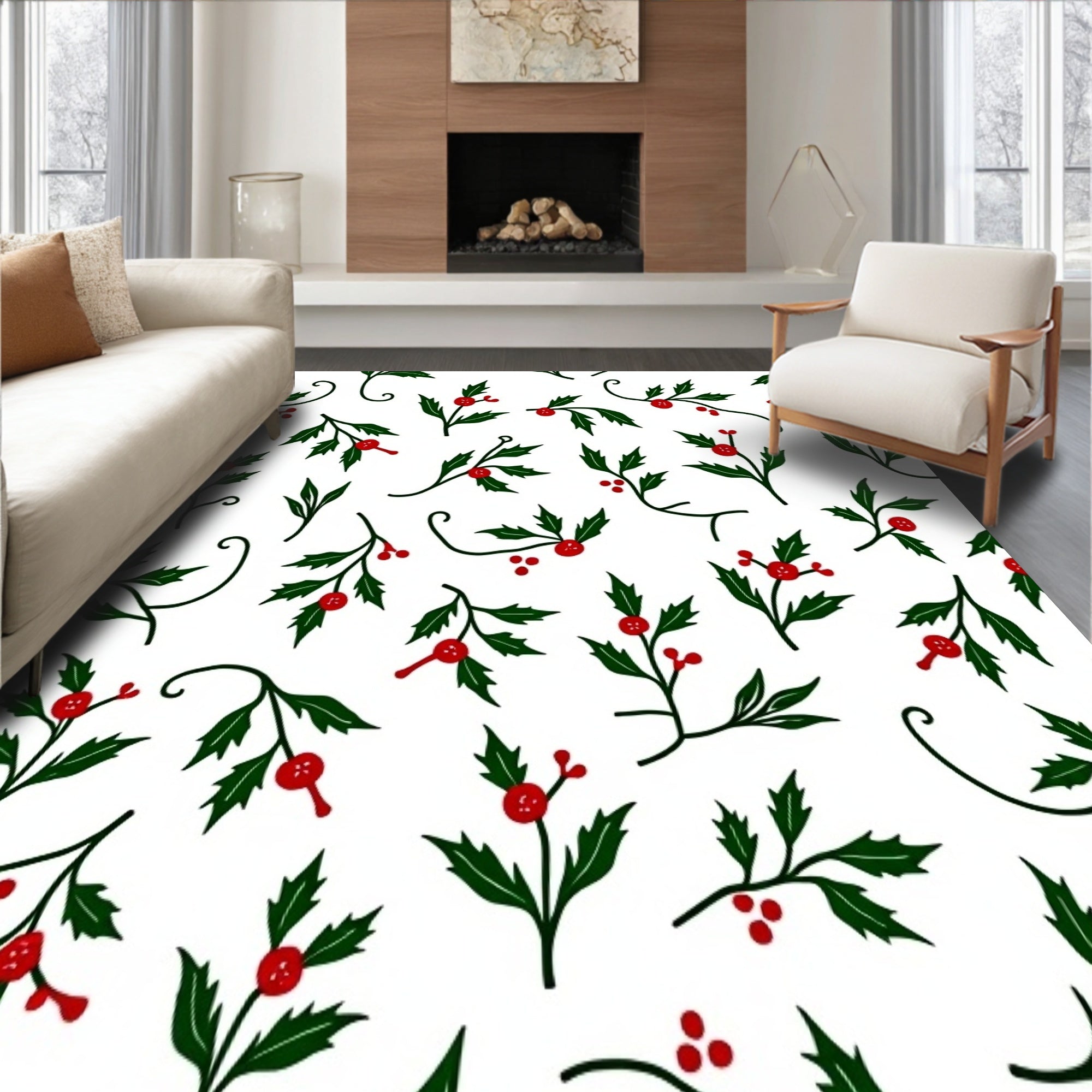 Vintage Holly Berry Vine with Botanical Christmas Wreaths(White)