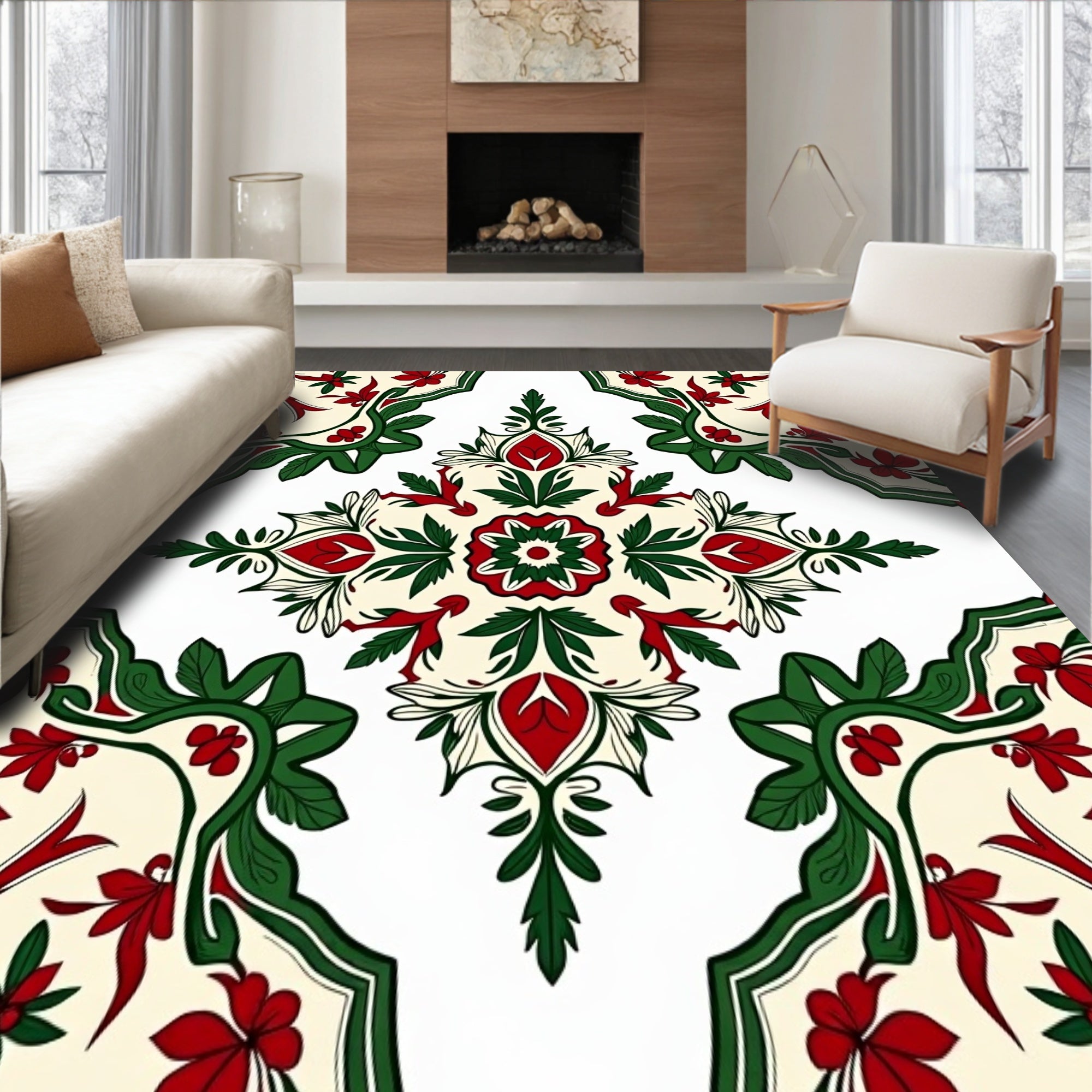 Holly Berry Damask with Ornamental Seasonal Flourishes(White)