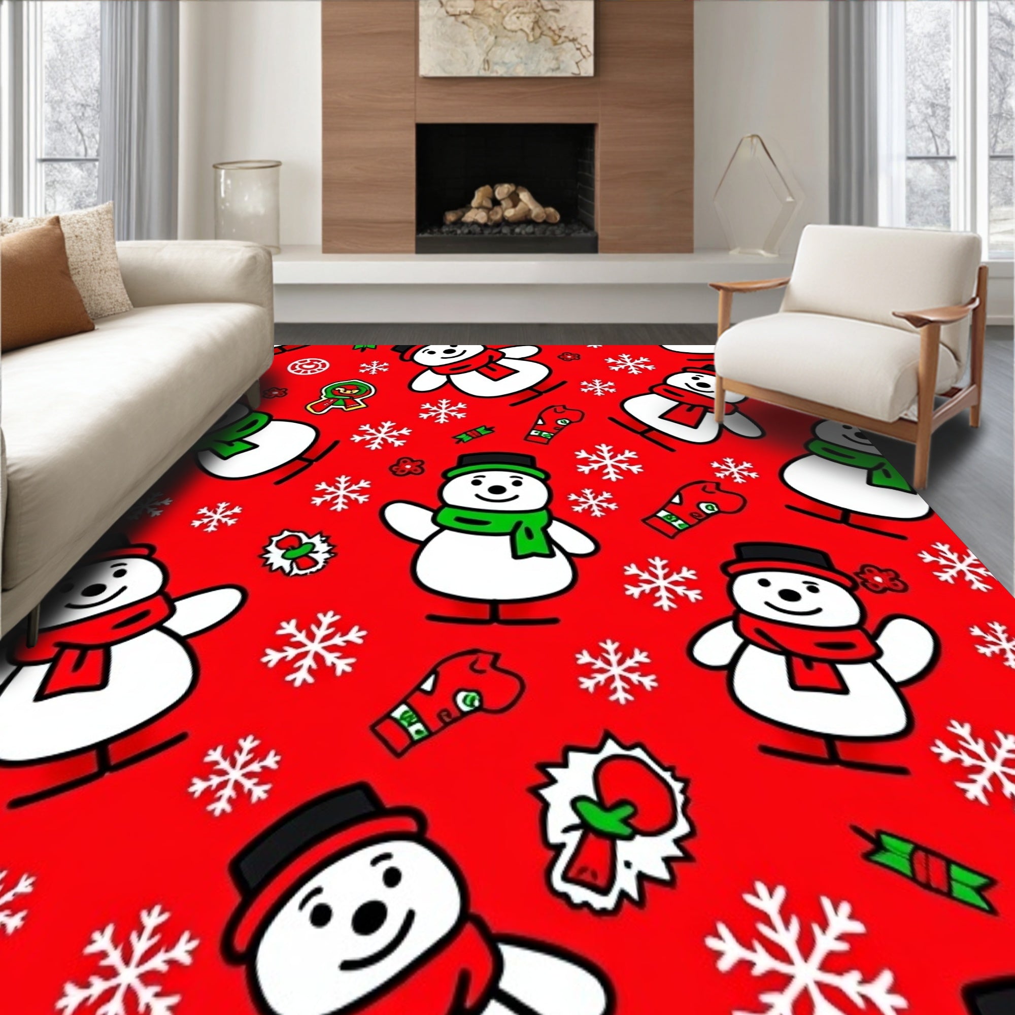 Cheerful Snowman Parade with Festive Scarf and Falling Flakes Motif(Red)