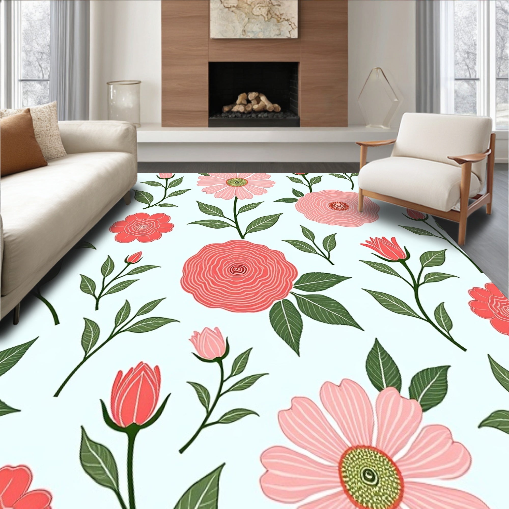 Romantic Rose Garden Motif Modern Area Plush Texture(Pink)