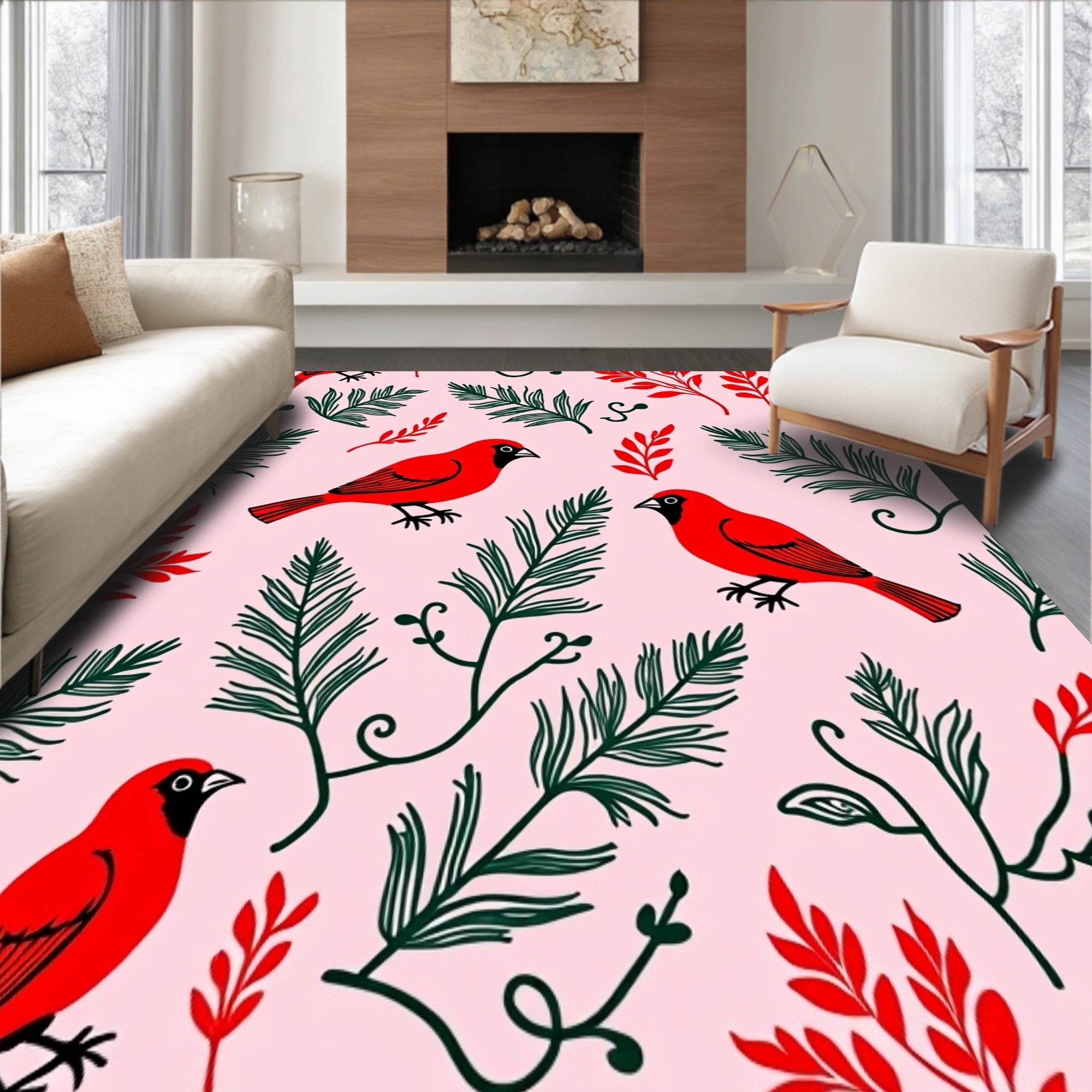 Cardinal Botanical Print with Vine Scroll Accents(Red)