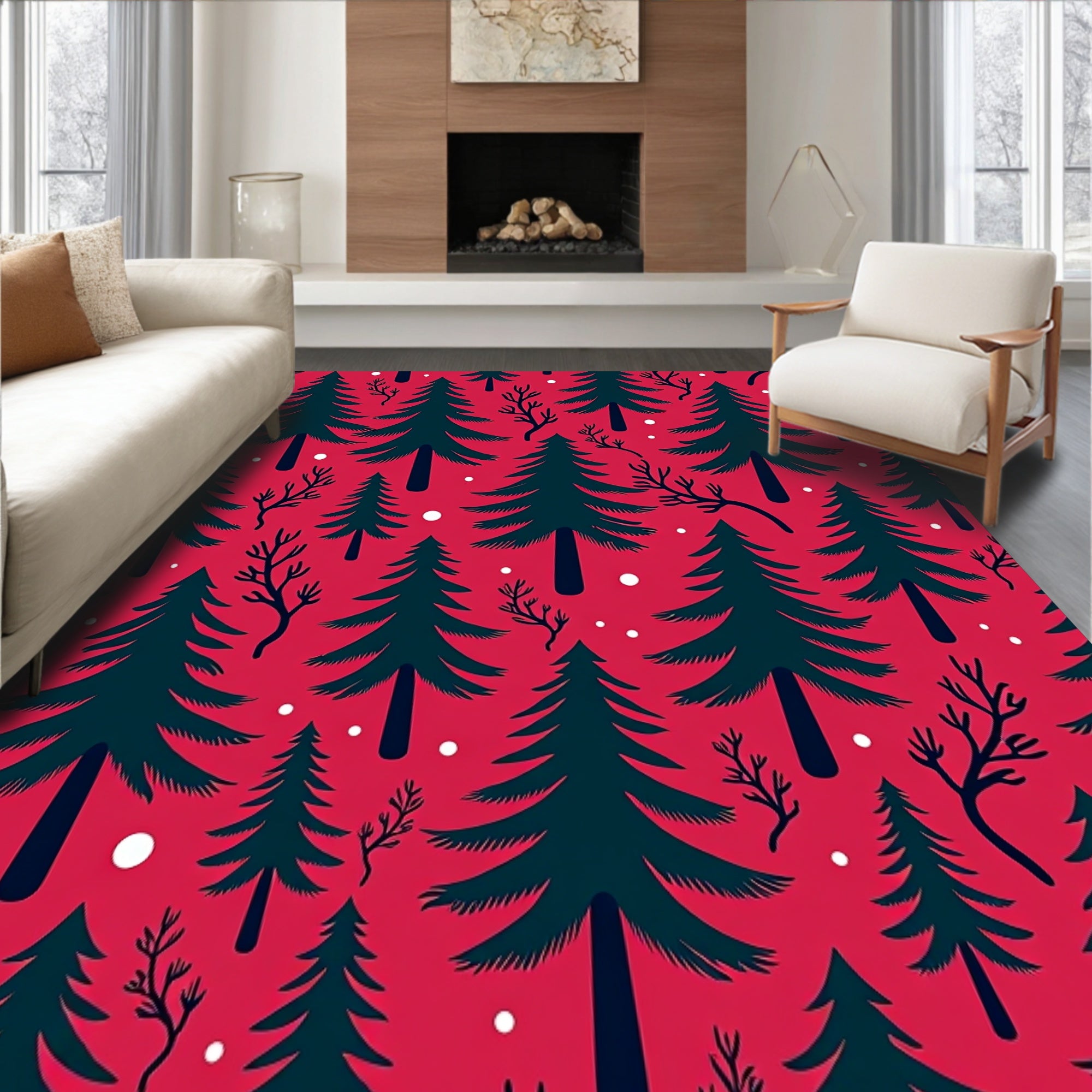 Winter Wonderland Pine Tree Forest Design Plush Holiday Throw(Red)